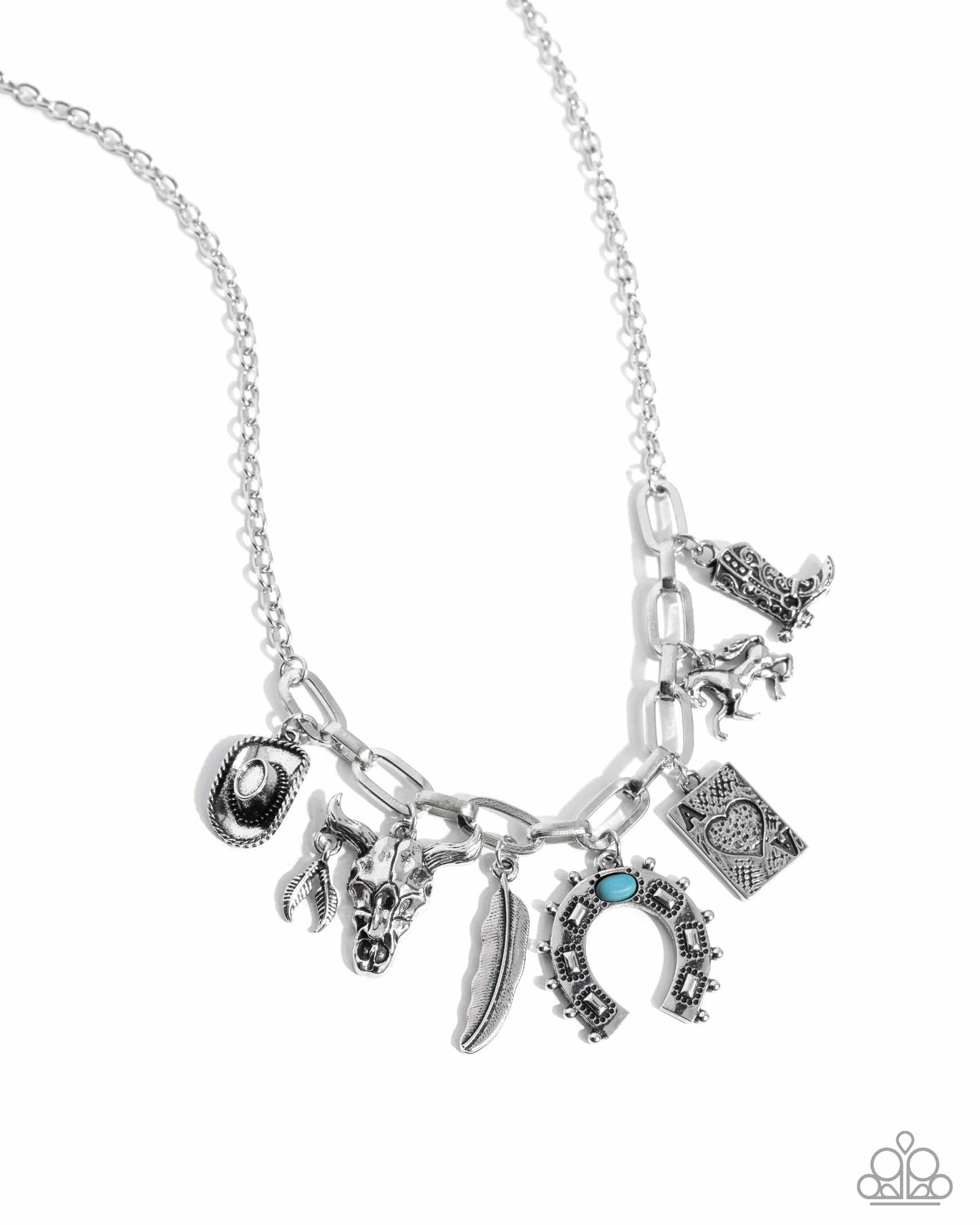 Saloon Girl - Blue Turquoise Silver Cowboy Hat Boot Horse Western Short Necklace - Life of the Party