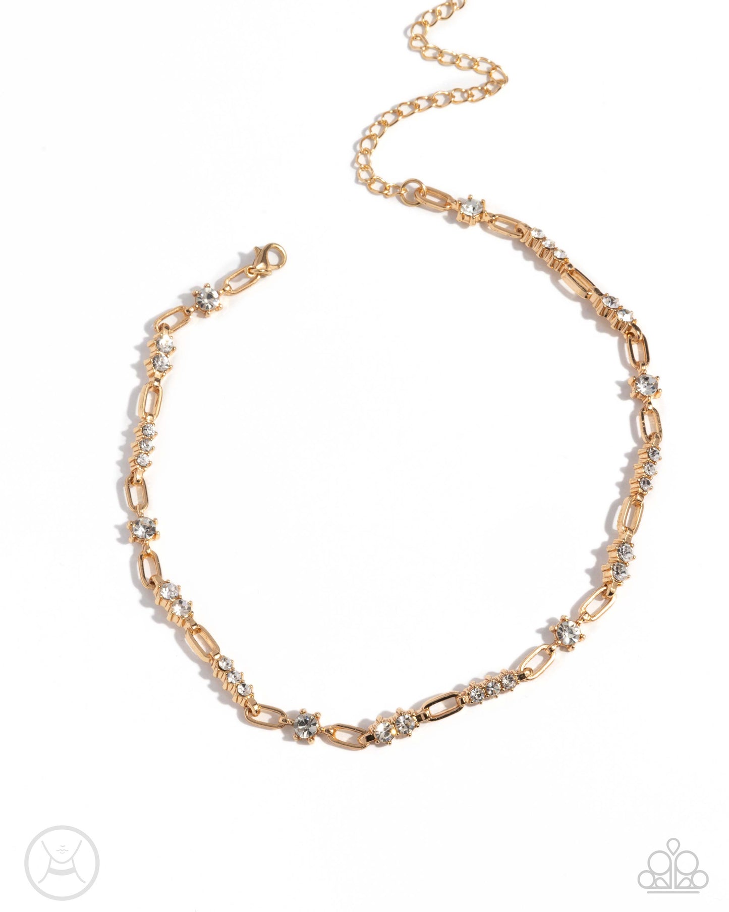 Pronged Pageantry - Gold White Rhinestones Paperclip Choker Necklace