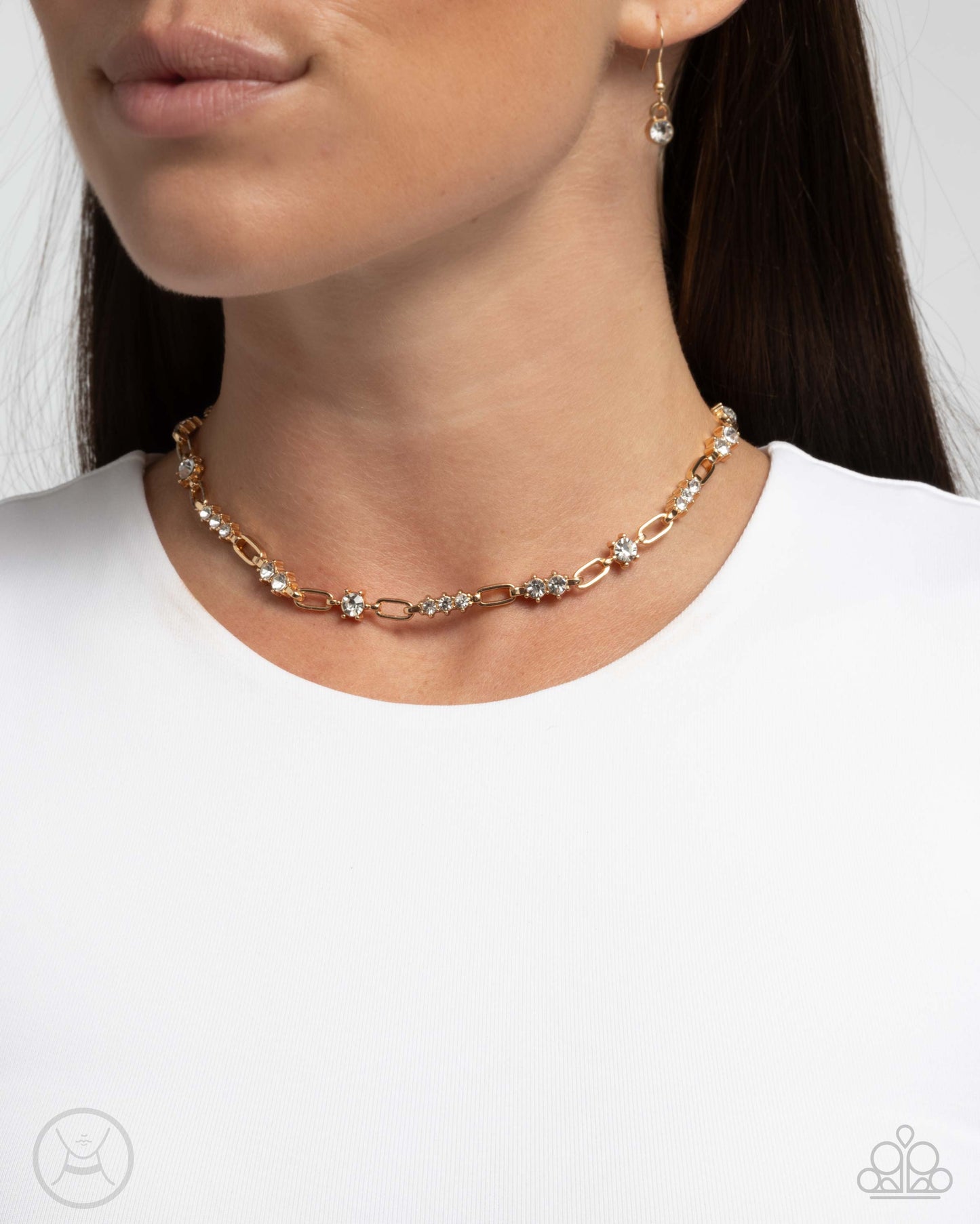 Pronged Pageantry - Gold White Rhinestones Paperclip Choker Necklace