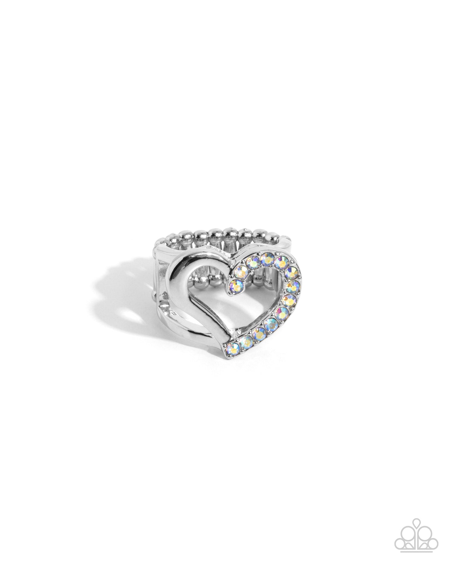 Abstract Attraction - White Iridescent Rhinestone Silver Heart Ring