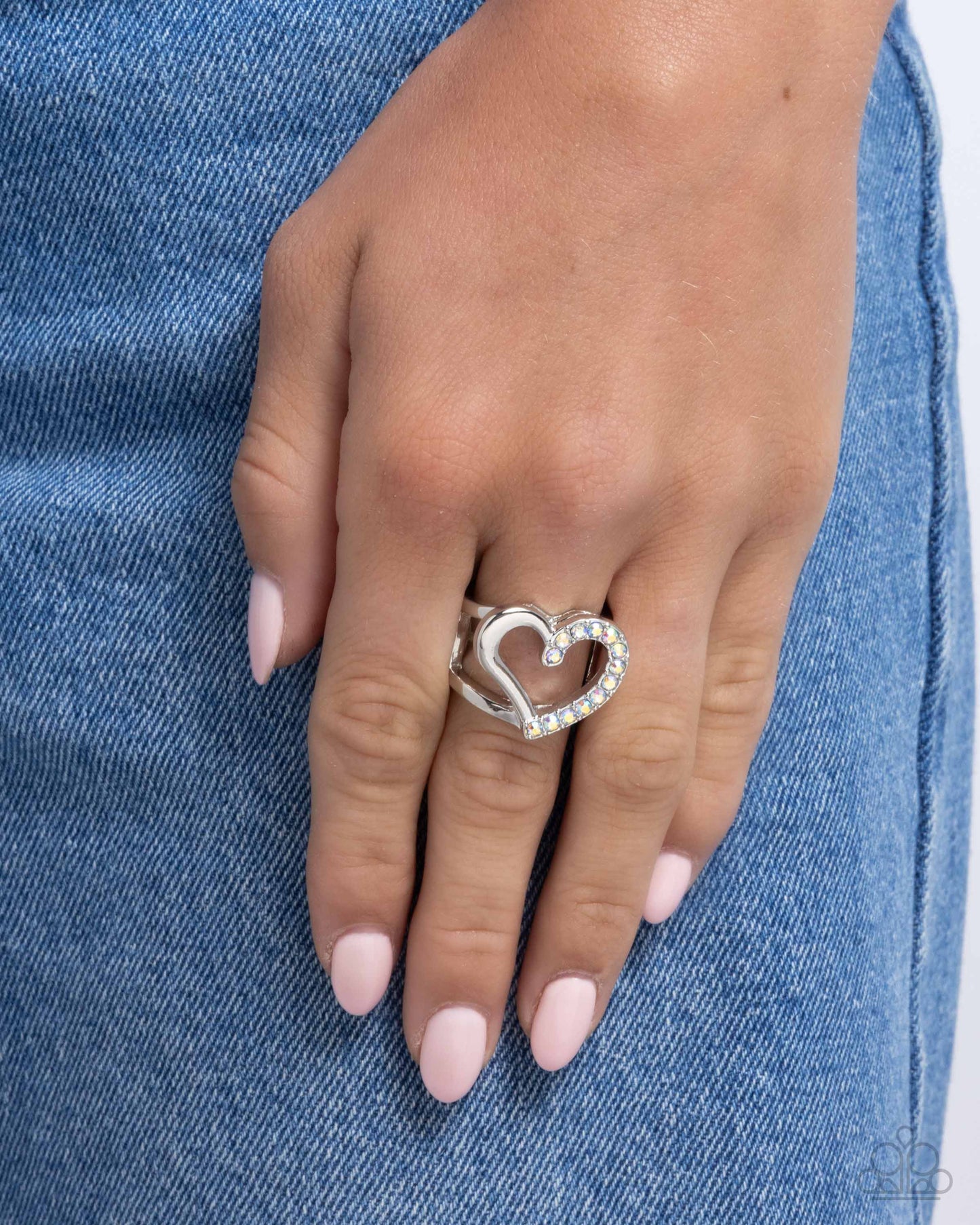 Abstract Attraction - White Iridescent Rhinestone Silver Heart Ring