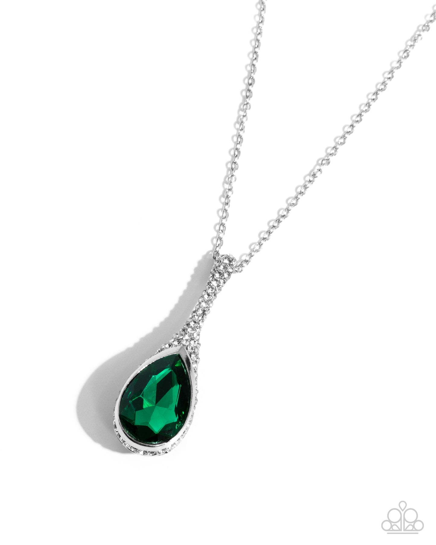 Rosy Revival - Green Teardrop White Rhinestones Pendant Silver Medium-Length Necklace