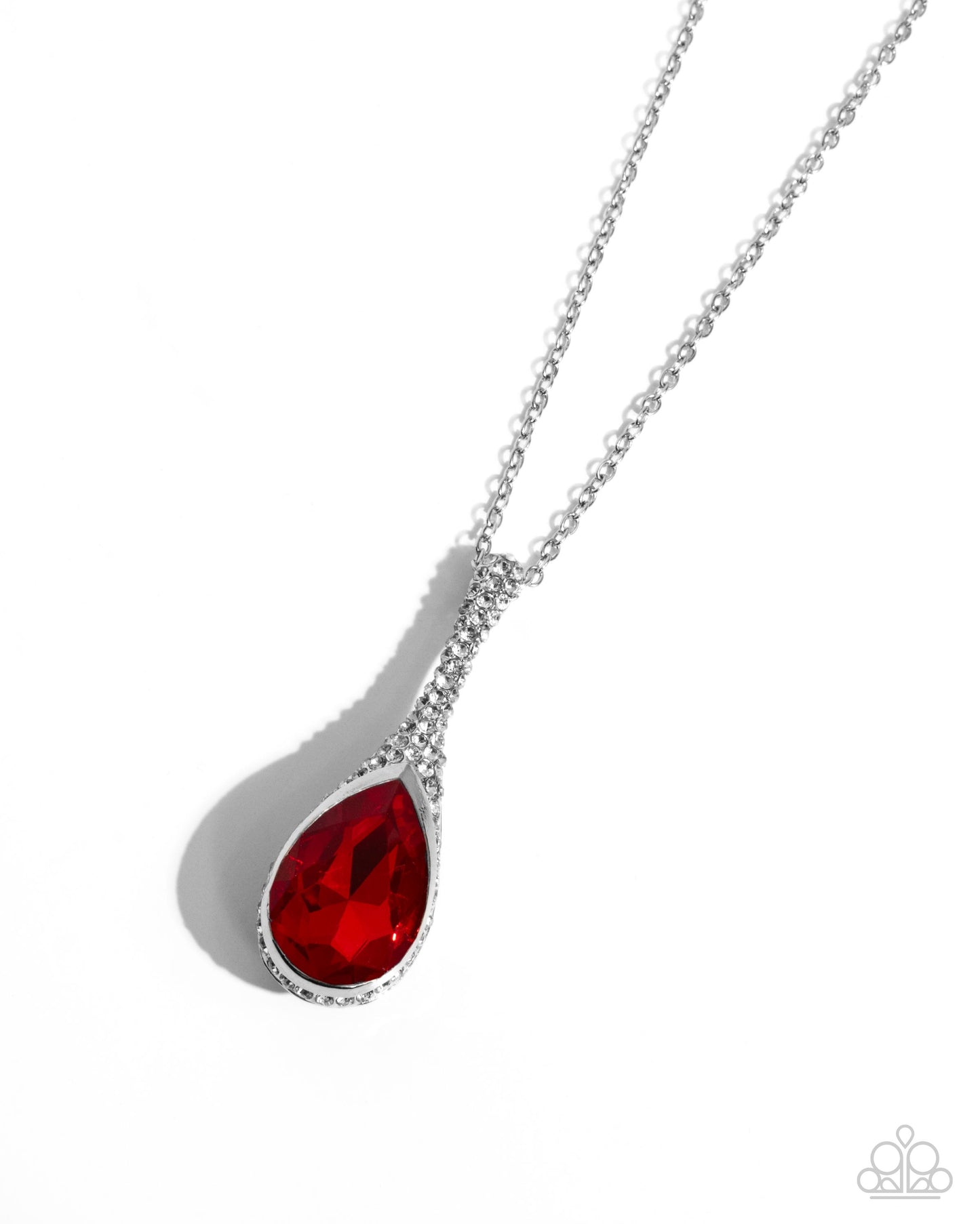 Rosy Revival - Red Teardrop White Rhinestones Pendant Silver Medium-Length Necklace
