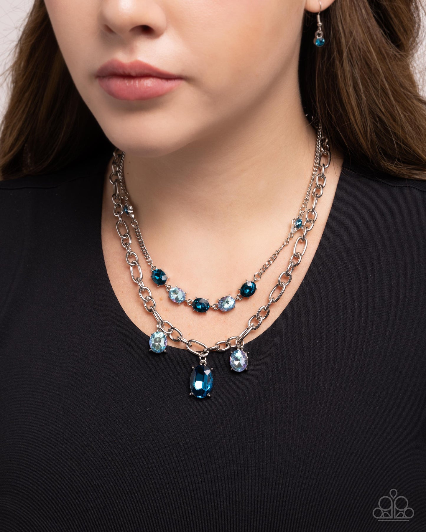 Just for this Moment - Blue Gem Silver Layered Short Necklace