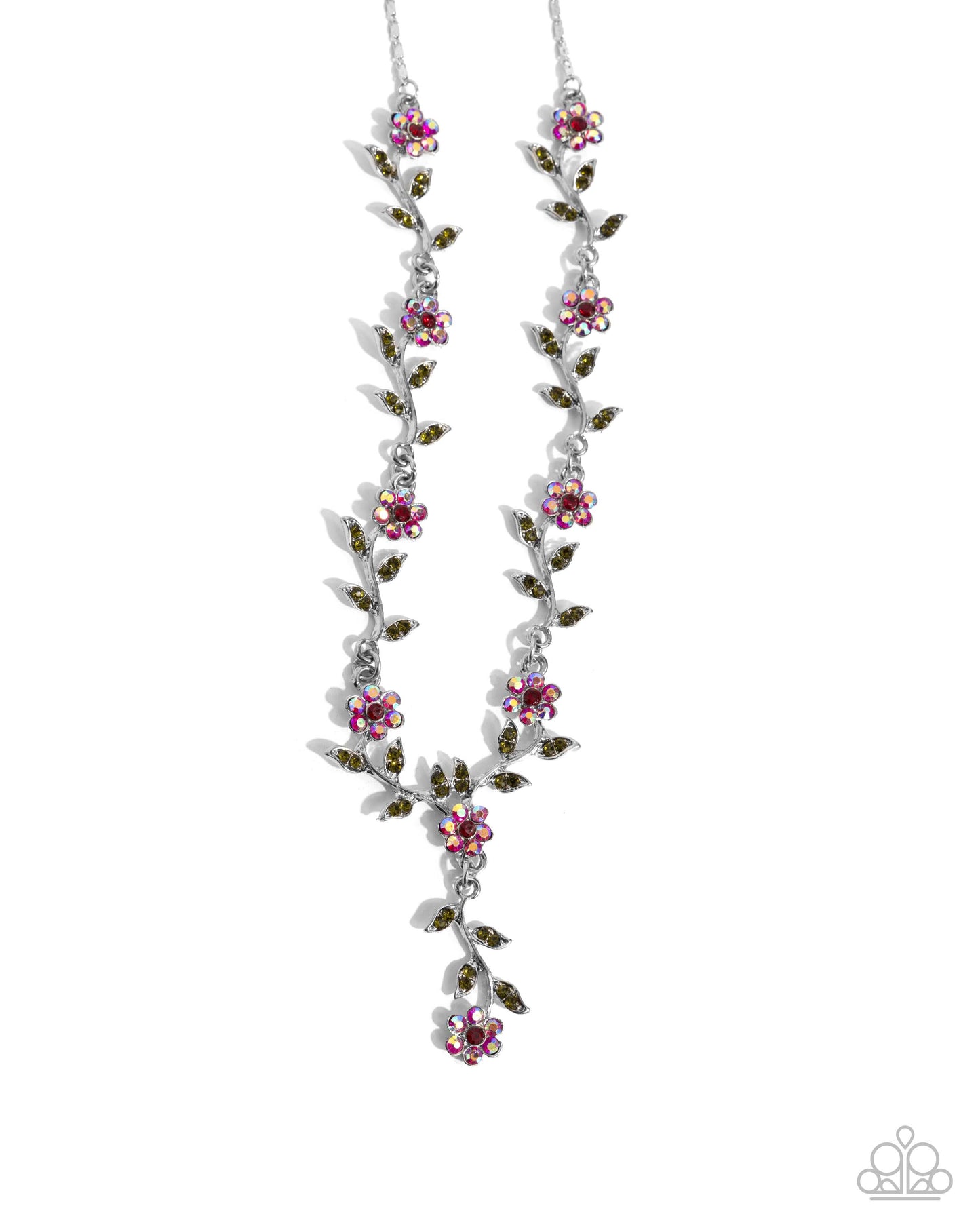 PERFECT MATCH / SET: Estate Grounds - Red Iridescent Rhinestone Flower Silver Short Necklace AND Personal Estate - Red and Red Iridescent Rhinestone Flowers with Olive Rhinestone Leaves Silver Clasp Bracelet