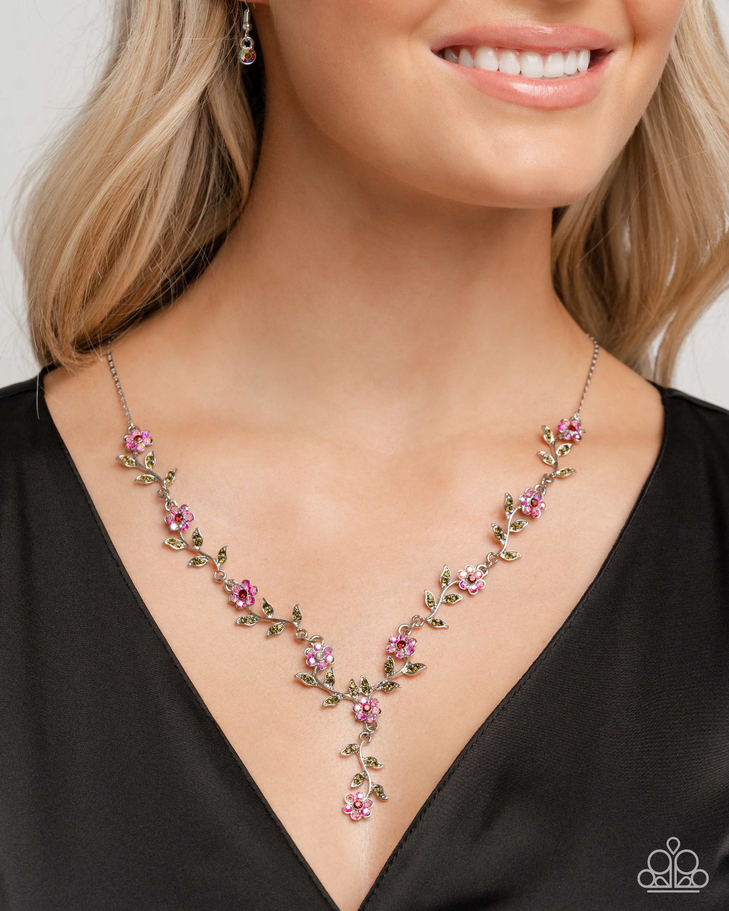 PERFECT MATCH / SET: Estate Grounds - Red Iridescent Rhinestone Flower Silver Short Necklace AND Personal Estate - Red and Red Iridescent Rhinestone Flowers with Olive Rhinestone Leaves Silver Clasp Bracelet