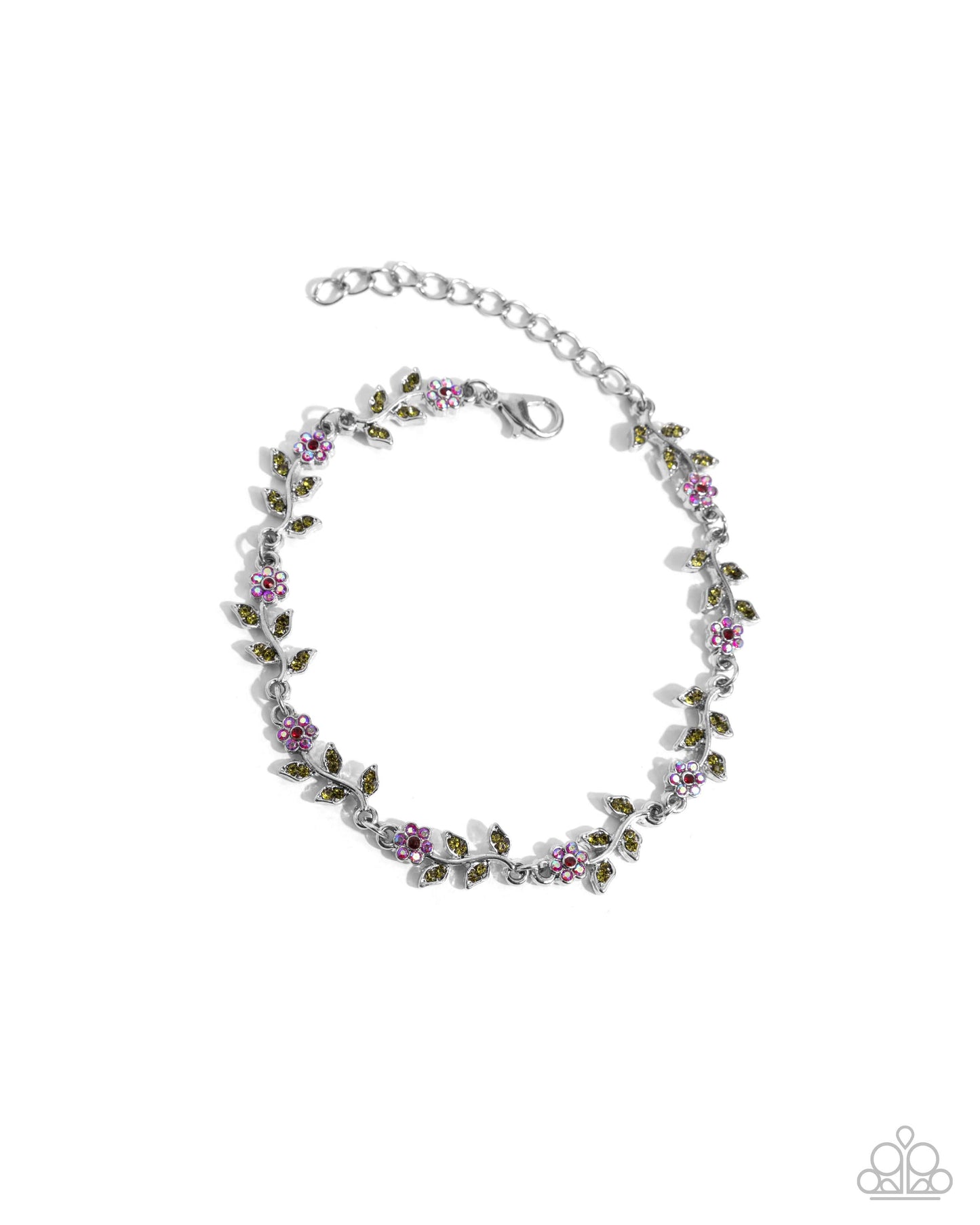 PERFECT MATCH / SET: Estate Grounds - Red Iridescent Rhinestone Flower Silver Short Necklace AND Personal Estate - Red and Red Iridescent Rhinestone Flowers with Olive Rhinestone Leaves Silver Clasp Bracelet