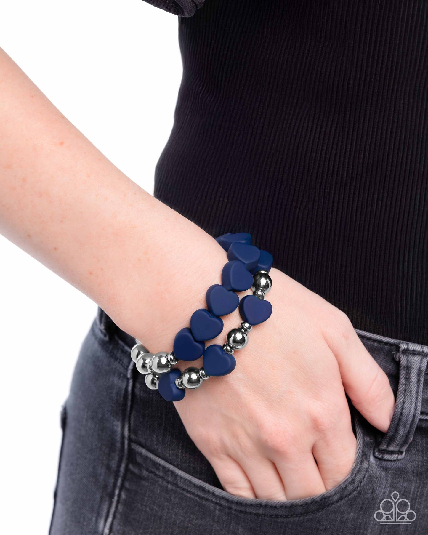 PERFECT MATCH / SET: Malibu Motivation - Blue Heart Beads Silver Discs Short Silver Necklace AND Stretchy Bracelet: Malibu Moxie - Blue Heart Beads Silver Discs Stretch Bracelet Set