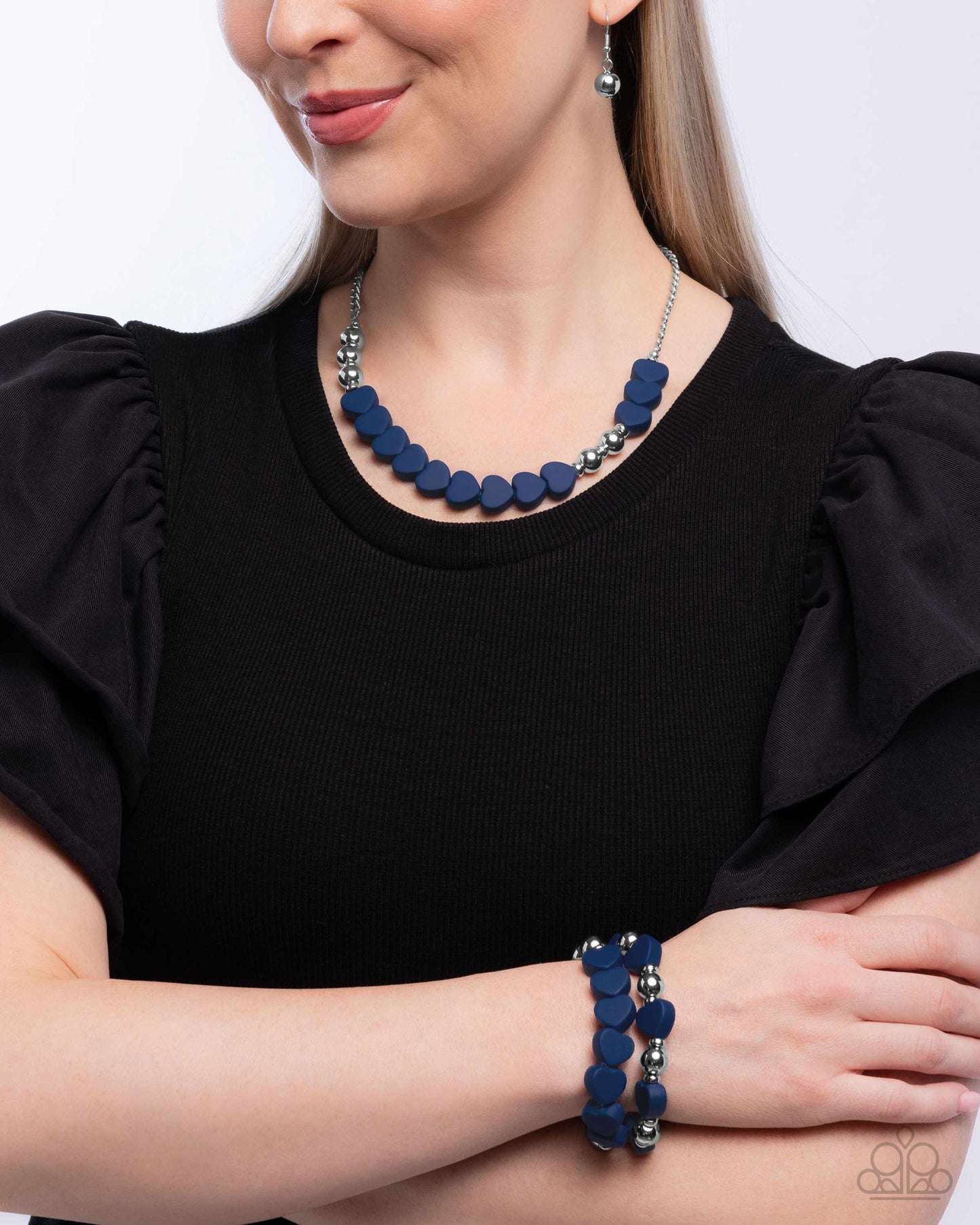 PERFECT MATCH / SET: Malibu Motivation - Blue Heart Beads Silver Discs Short Silver Necklace AND Stretchy Bracelet: Malibu Moxie - Blue Heart Beads Silver Discs Stretch Bracelet Set