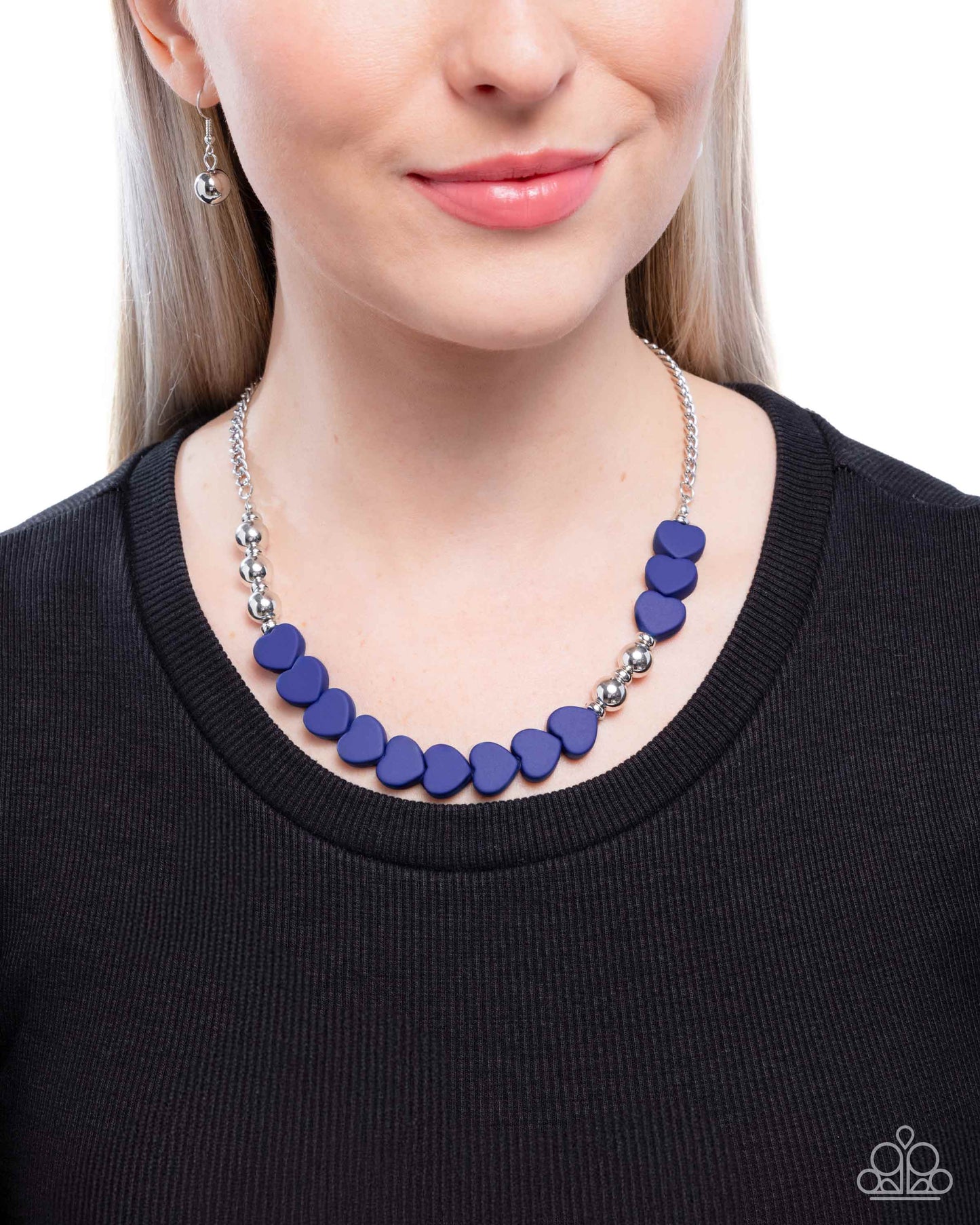 PERFECT MATCH / SET: Malibu Motivation - Blue Heart Beads Silver Discs Short Silver Necklace AND Stretchy Bracelet: Malibu Moxie - Blue Heart Beads Silver Discs Stretch Bracelet Set