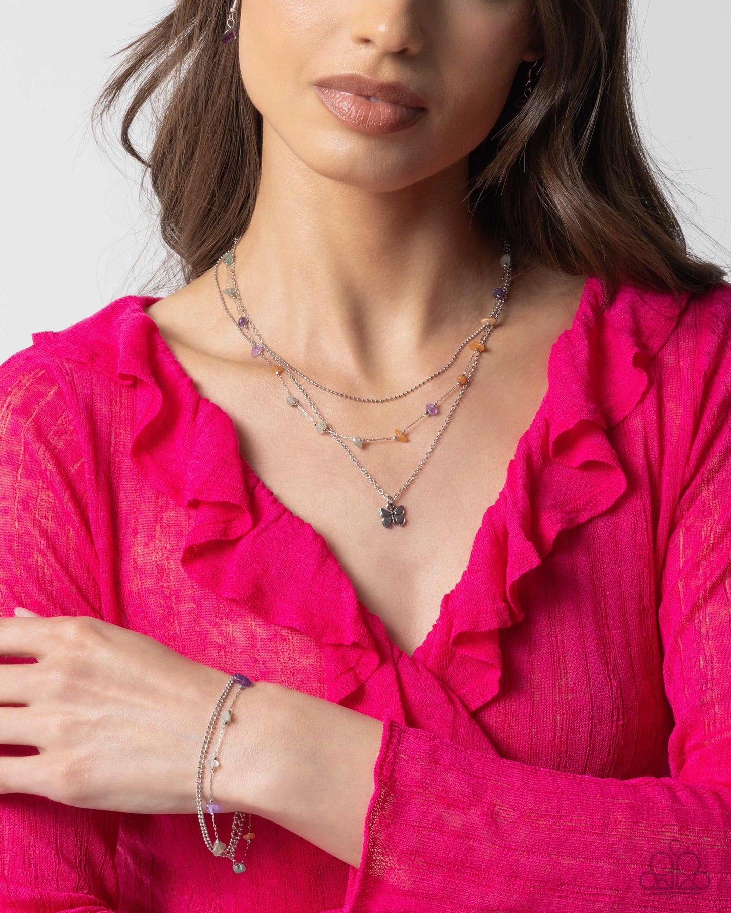 PERFECT MATCH / SET: Free-Spirited Favorite - Purple Amethyst Jade Gray Orange Stones Butterfly Silver Paperclip Chain Layered Short Necklace AND Free-Spirited Fondness - Purple Amethyst Jade Gray Orange Stones Silver Clasp Bracelet