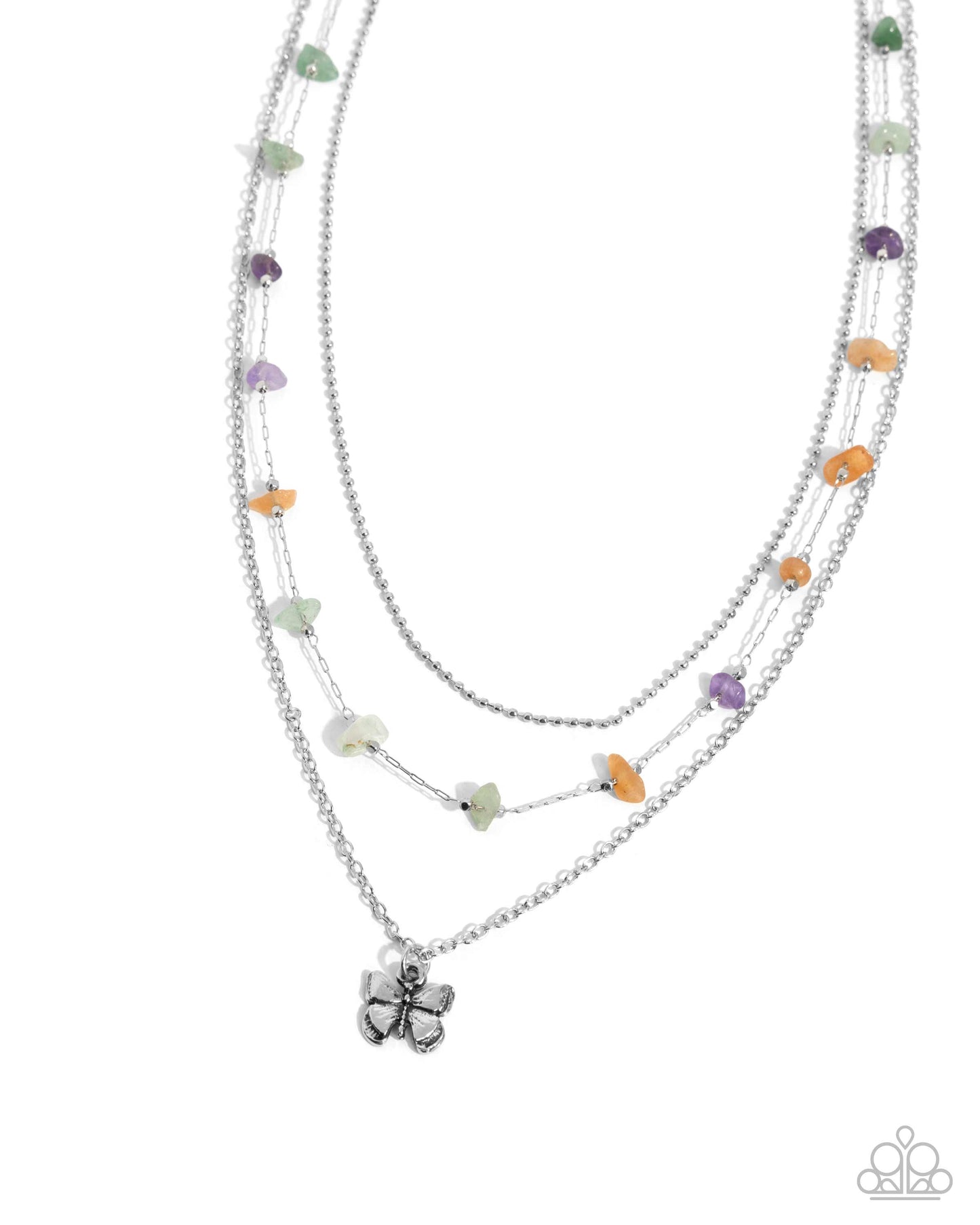 PERFECT MATCH / SET: Free-Spirited Favorite - Purple Amethyst Jade Gray Orange Stones Butterfly Silver Paperclip Chain Layered Short Necklace AND Free-Spirited Fondness - Purple Amethyst Jade Gray Orange Stones Silver Clasp Bracelet
