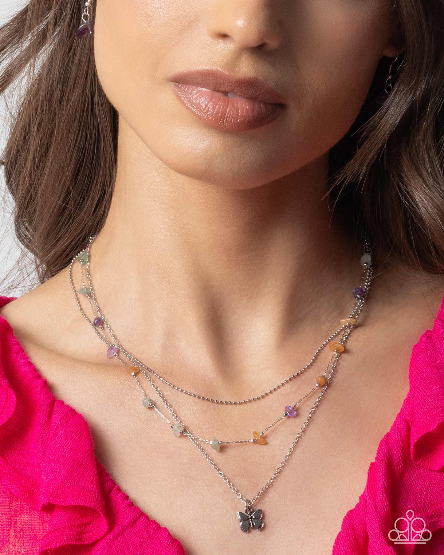 PERFECT MATCH / SET: Free-Spirited Favorite - Purple Amethyst Jade Gray Orange Stones Butterfly Silver Paperclip Chain Layered Short Necklace AND Free-Spirited Fondness - Purple Amethyst Jade Gray Orange Stones Silver Clasp Bracelet