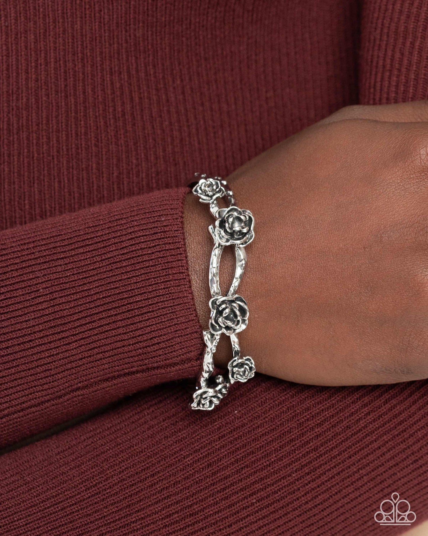 PERFECT MATCH / SET: Rosy Reputation - Silver Roses Choker Necklace AND Botanical Blend - Silver Roses Cuff Bracelet
