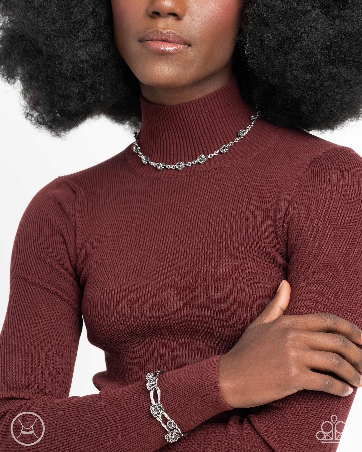 PERFECT MATCH / SET: Rosy Reputation - Silver Roses Choker Necklace AND Botanical Blend - Silver Roses Cuff Bracelet