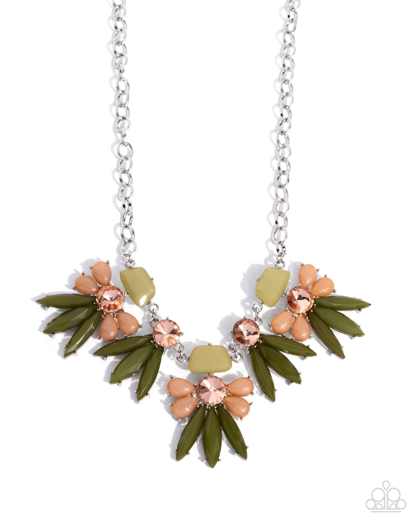 Folklore Flair - Green and Orange Bead Gem Flower Silver Short Necklace