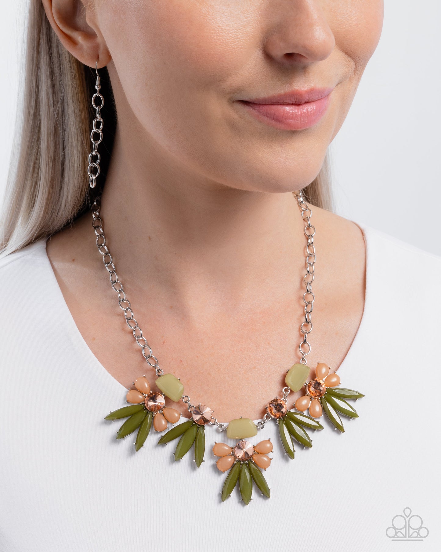 Folklore Flair - Green and Orange Bead Gem Flower Silver Short Necklace
