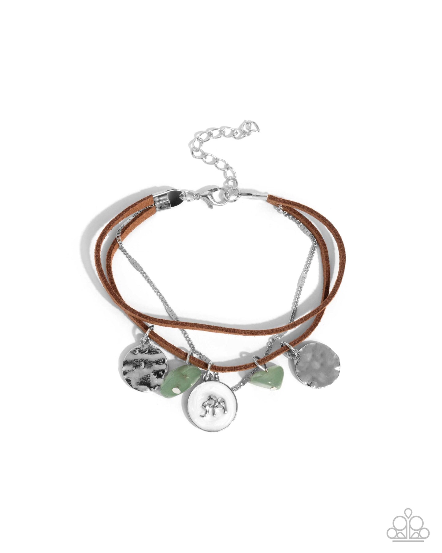 Serene Stroll - Green Jade Stones Silver Elephant Charm, Brown Suede Cord Silver Chain Clasp Bracelet