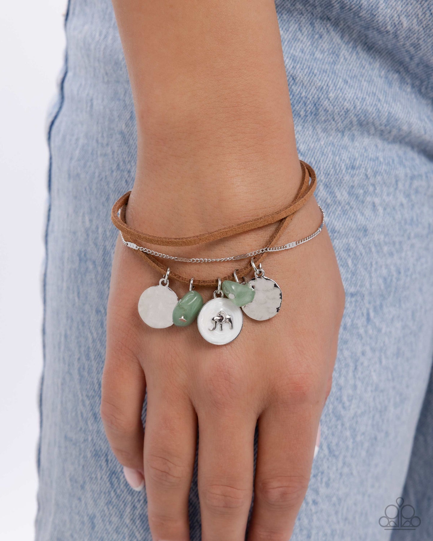 Serene Stroll - Green Jade Stones Silver Elephant Charm, Brown Suede Cord Silver Chain Clasp Bracelet