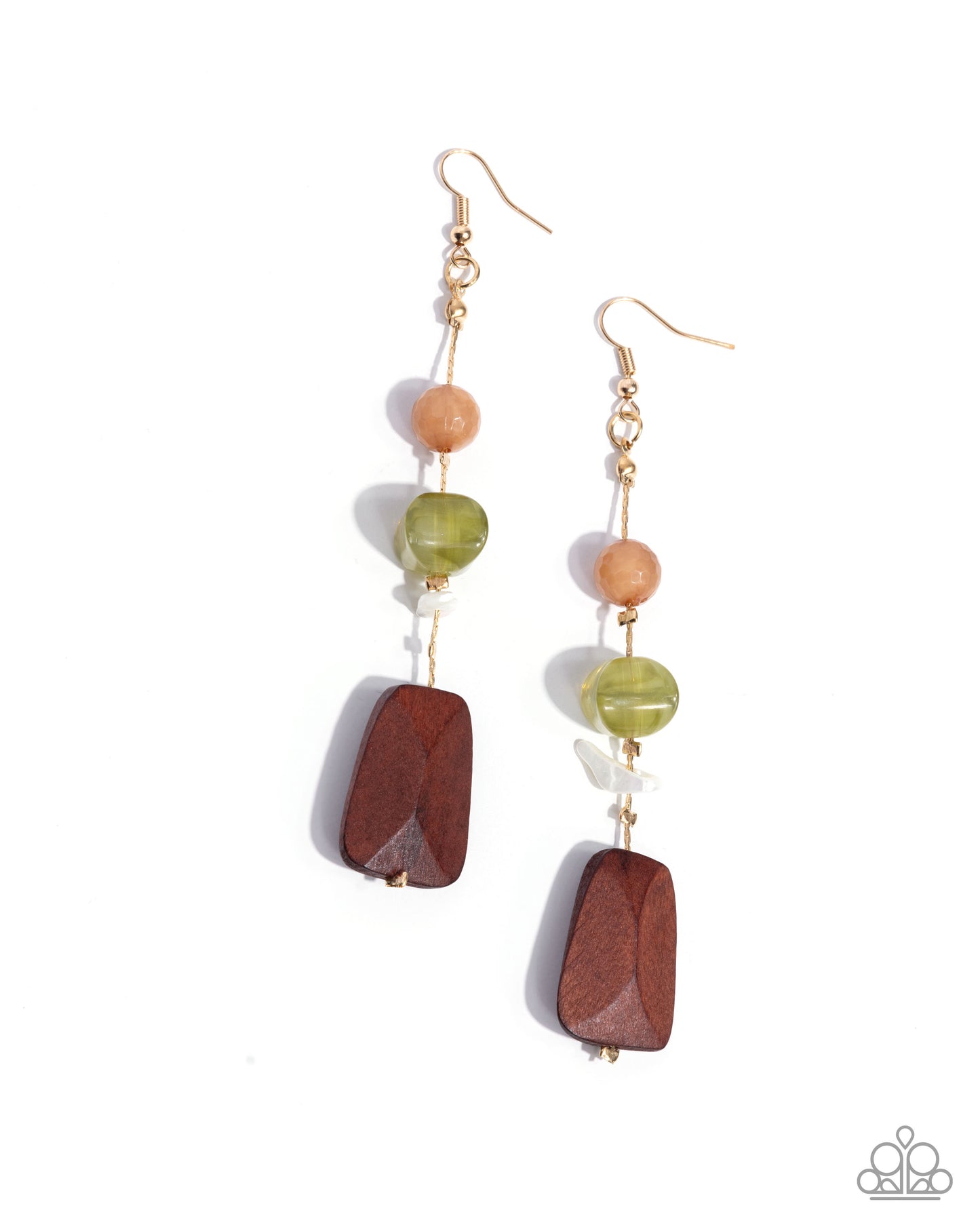 Creative Collection - Green Brown White Stone and Wood Bead Gold Fishhook Earrings