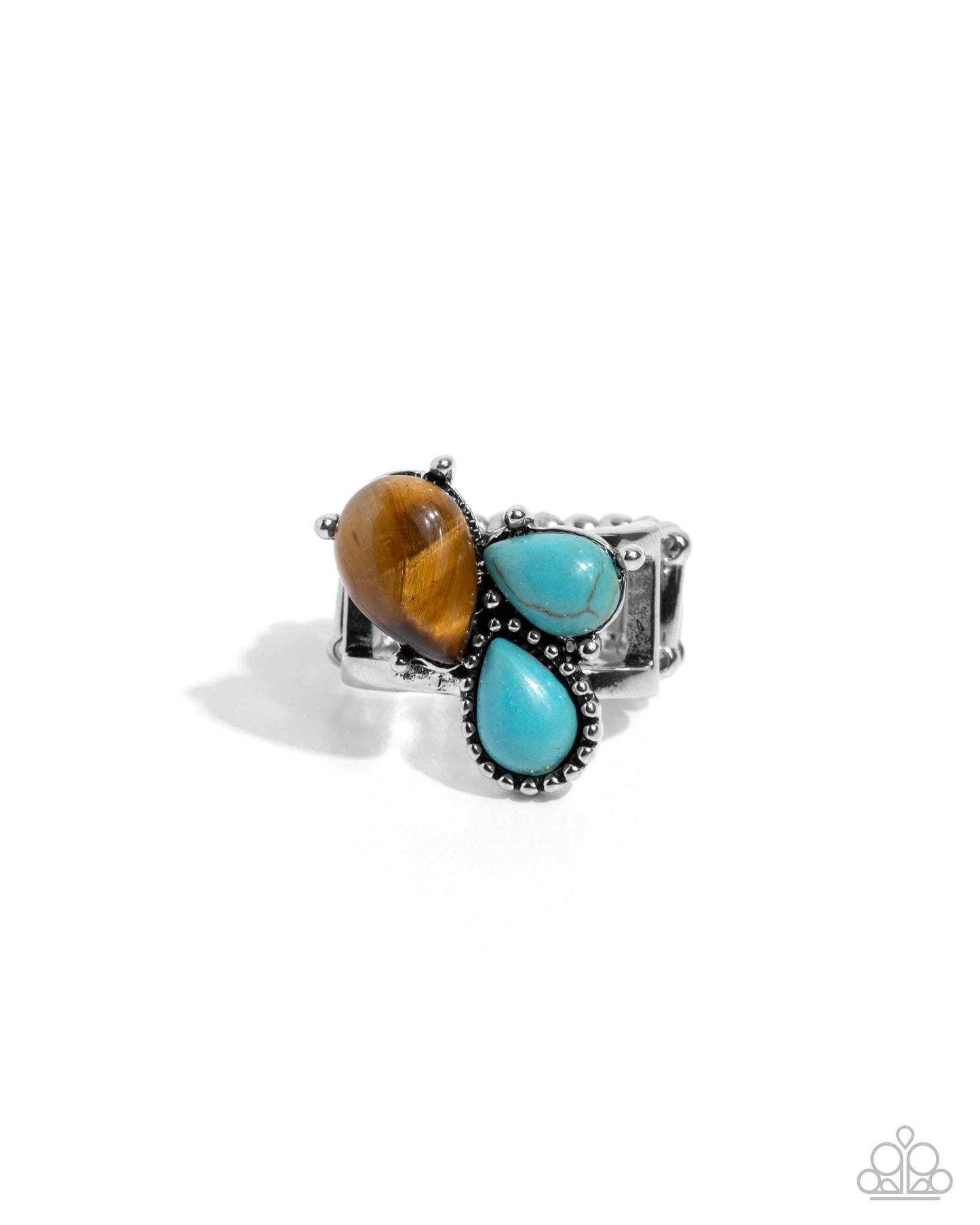 Themed Trio - Brown Tiger's Eye, Crackled Turquoise Studded Teardrop Silver Ring