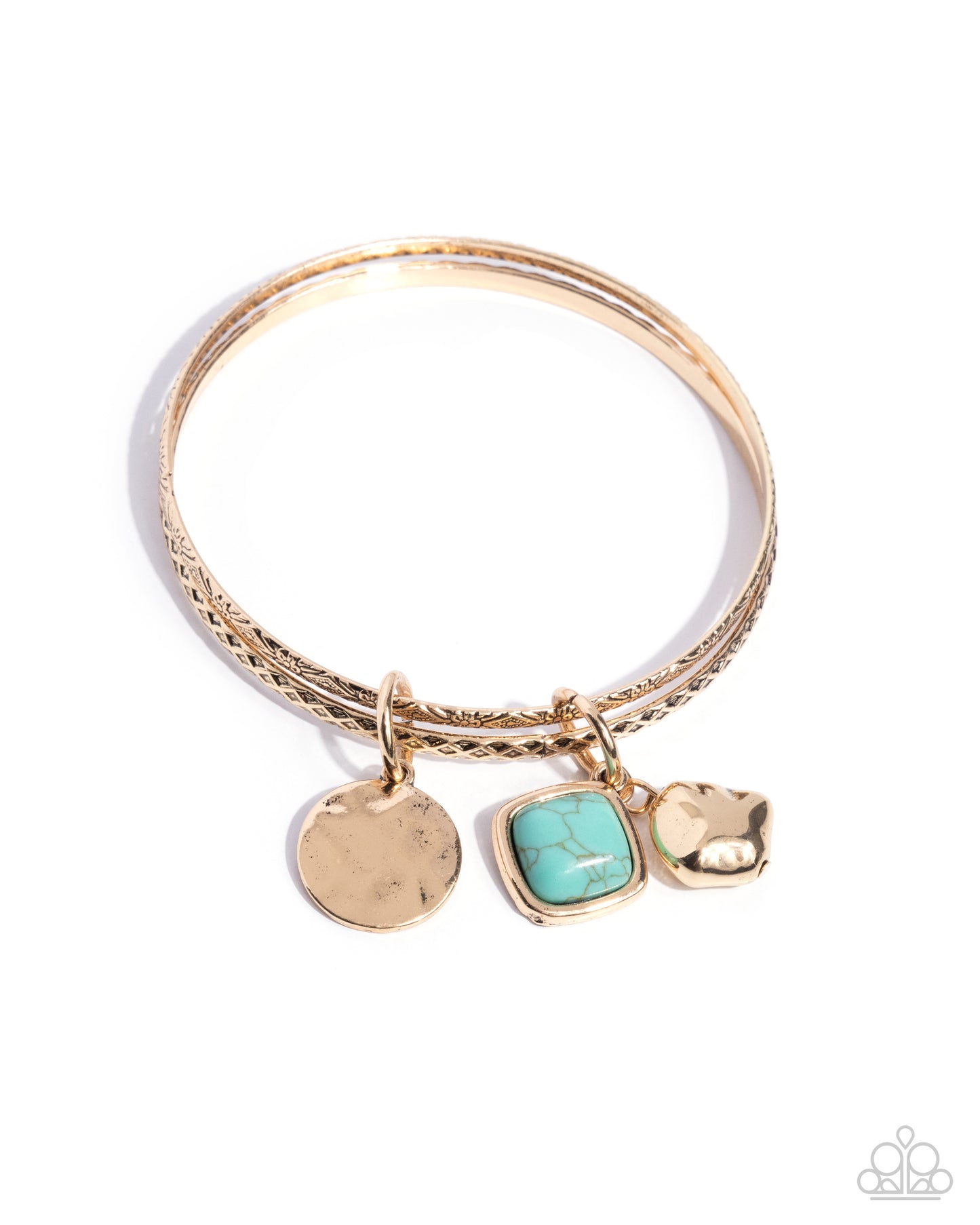 Adorably Authentic - Blue Turquoise Crackle Stone Gold Bangle Bracelet