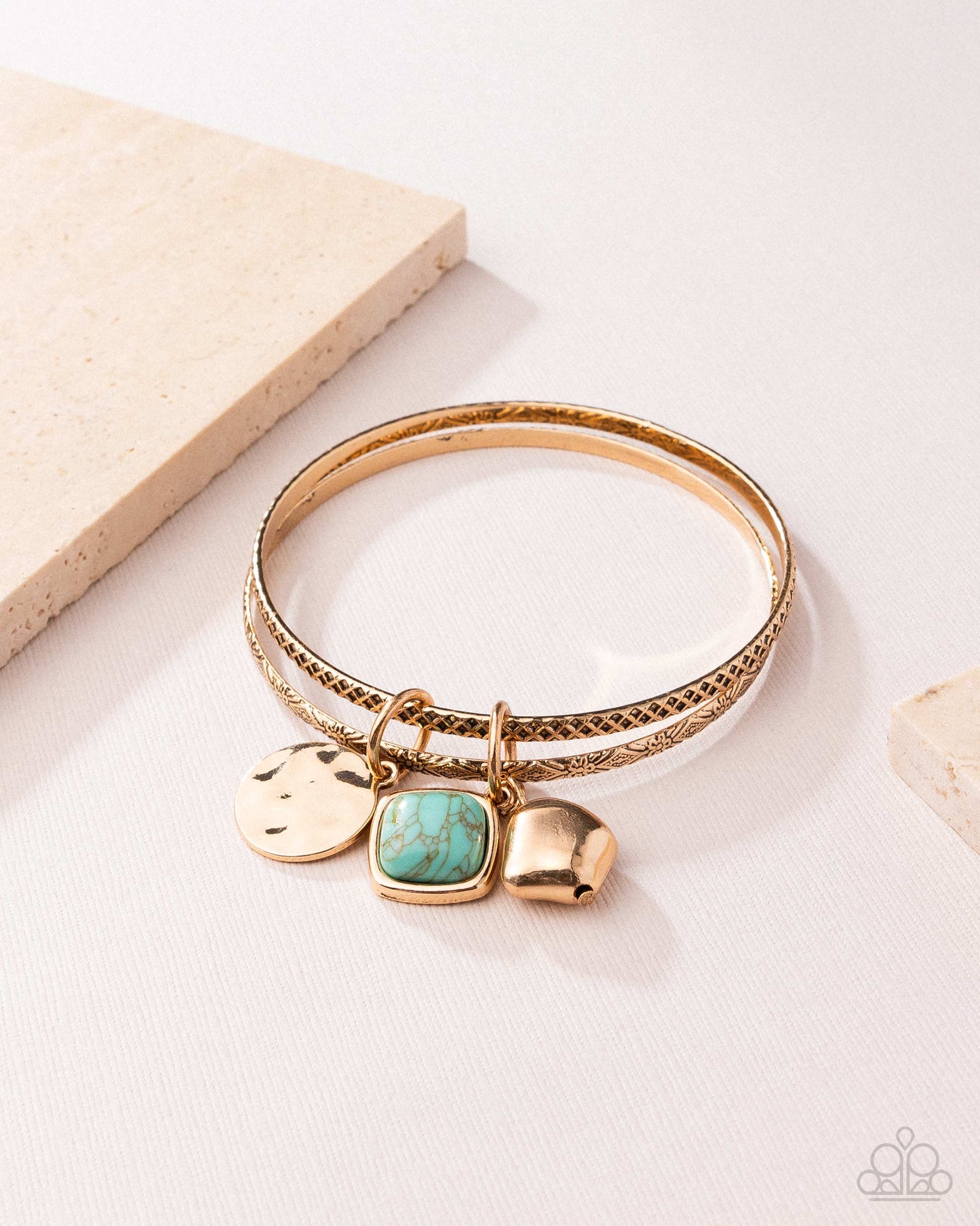 Adorably Authentic - Blue Turquoise Crackle Stone Gold Bangle Bracelet
