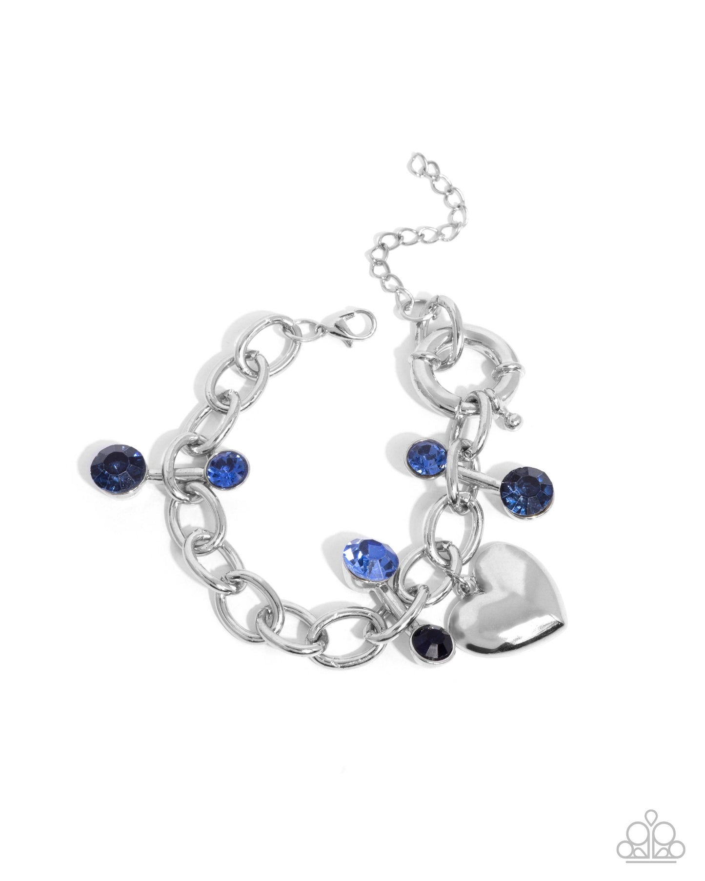 PERFECT MATCH / SET: Seesaw Statement - Blue Rhinestones and Silver Heart Charm Short Necklace AND Seesaw Shimmer - Blue Rhinestones and Silver Heart Charm Clasp Bracelet