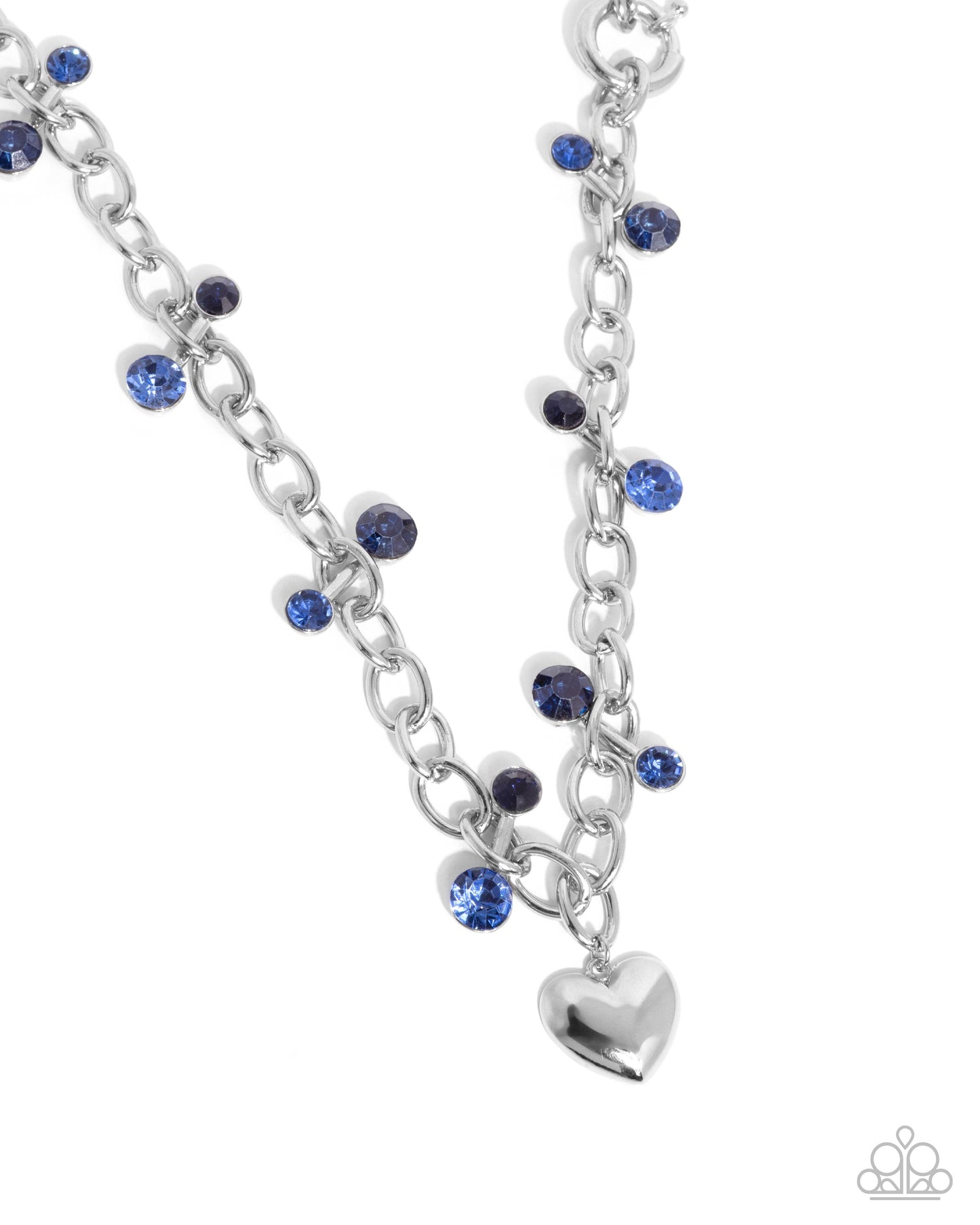 PERFECT MATCH / SET: Seesaw Statement - Blue Rhinestones and Silver Heart Charm Short Necklace AND Seesaw Shimmer - Blue Rhinestones and Silver Heart Charm Clasp Bracelet
