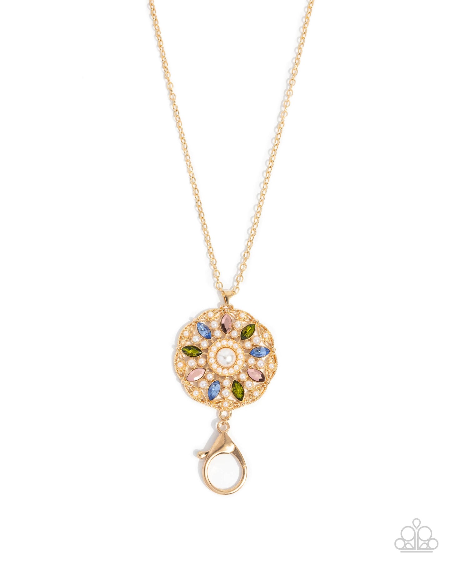 Angelic Arrangement - Gold Blue Pink Green Gems and White Pearl Medallion Pendant Lanyard Necklace