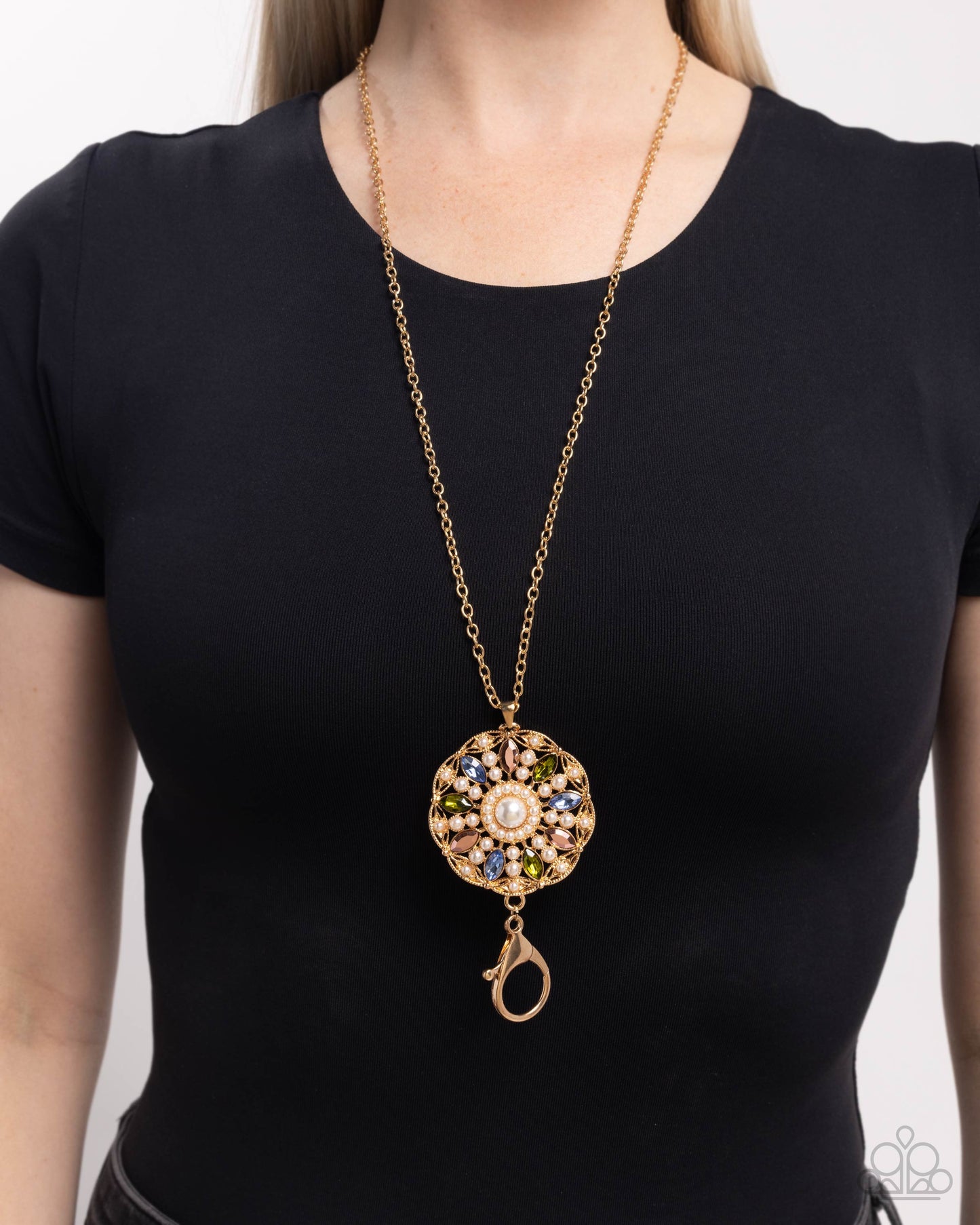 Angelic Arrangement - Gold Blue Pink Green Gems and White Pearl Medallion Pendant Lanyard Necklace