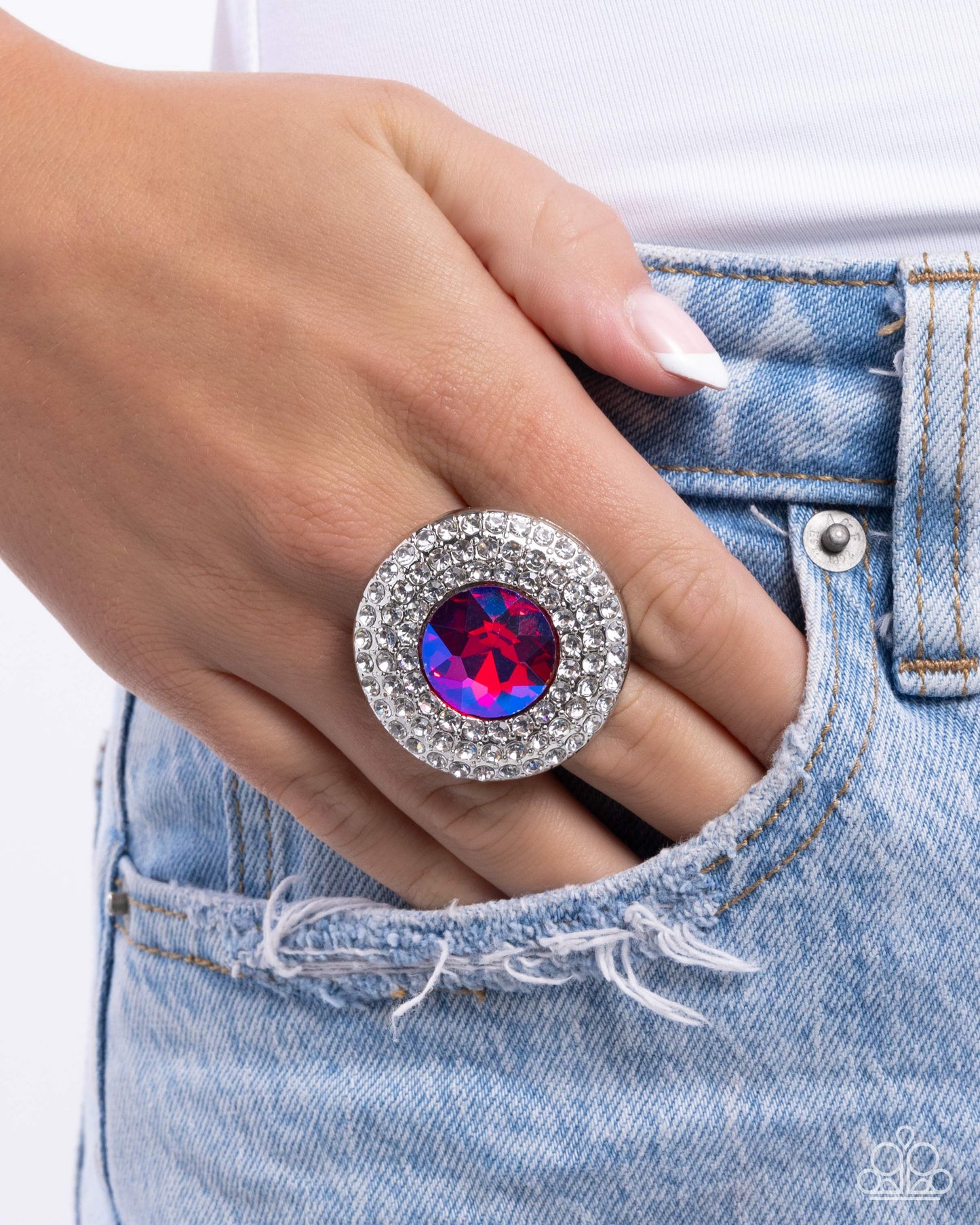 Bedazzled Babe - Pink UV Iridescent Gem White Rhinestone Silver Ring
