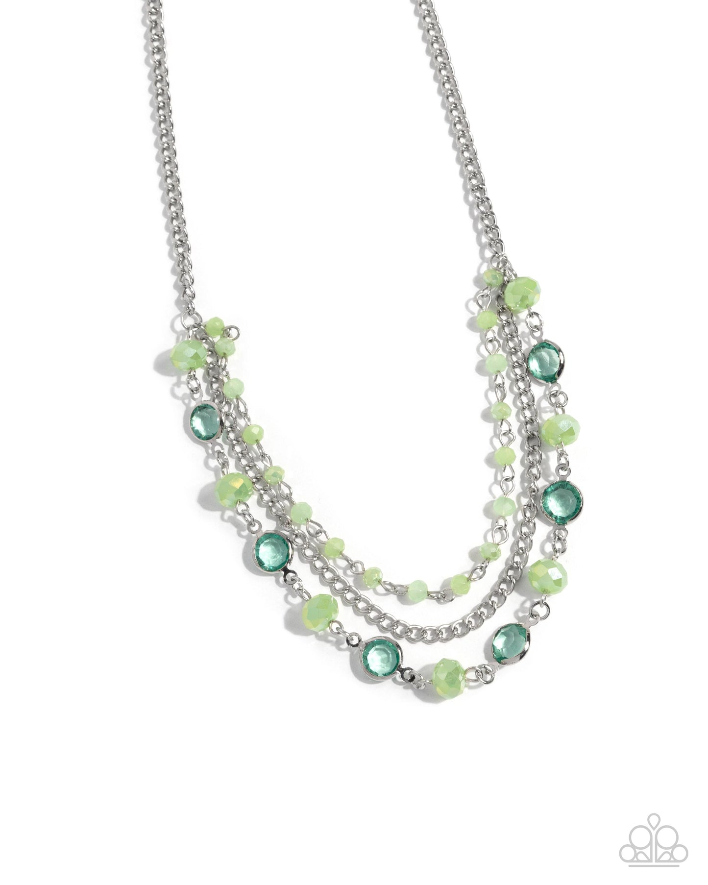 Charismatic Cascade - Green Iridescent Bead Silver Short Necklace