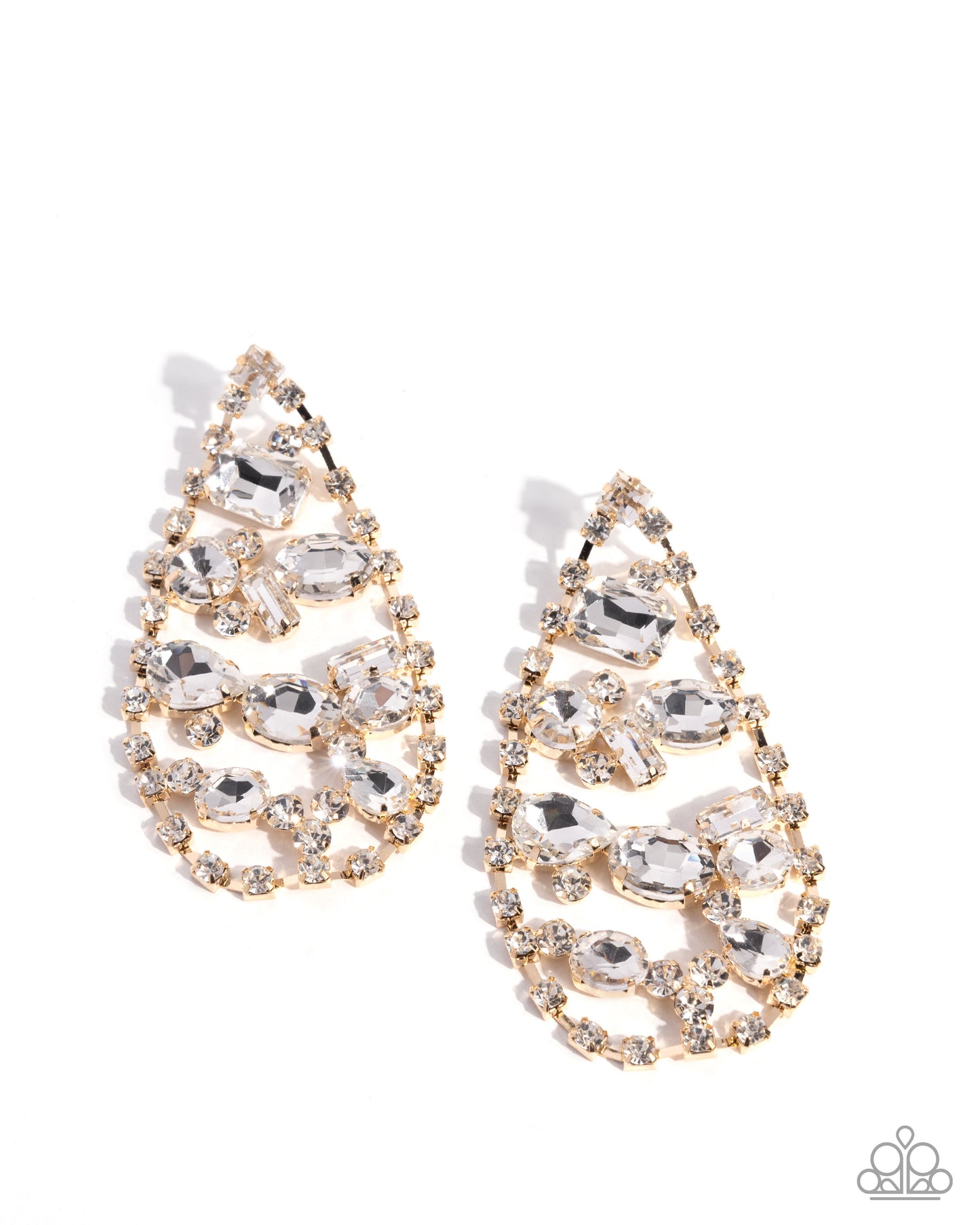 Giant Glitter - Gold White Rhinestone Teardrop Post Earrings
