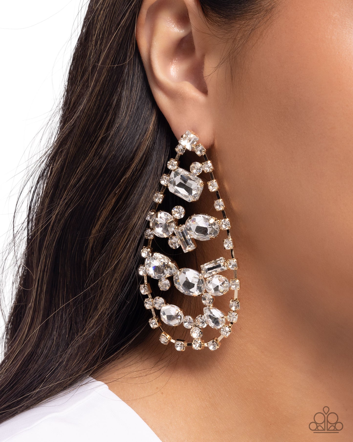 Giant Glitter - Gold White Rhinestone Teardrop Post Earrings