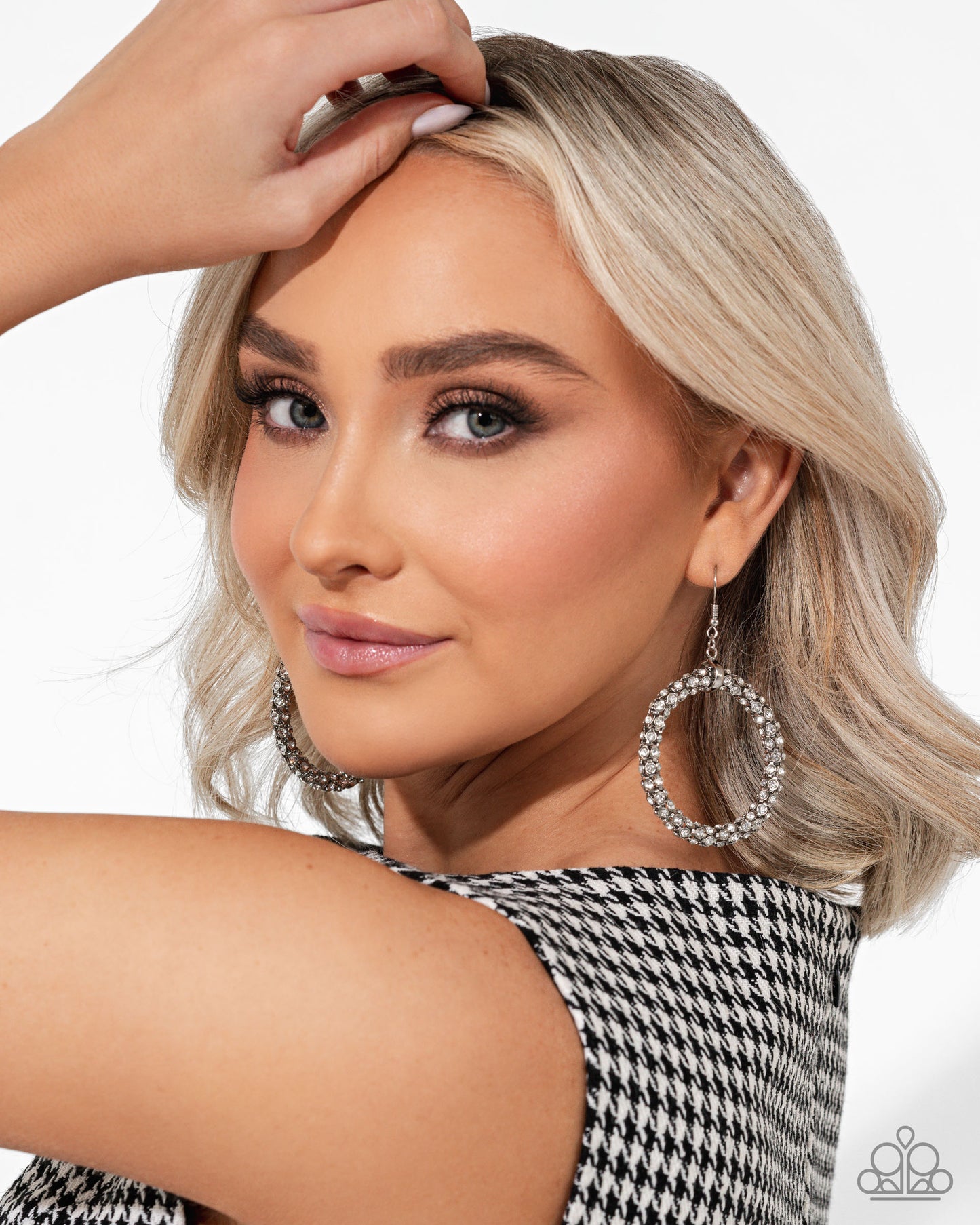 Breathtaking Beacon - White Rhinestone Silver Circle Earrings - Life of the Party