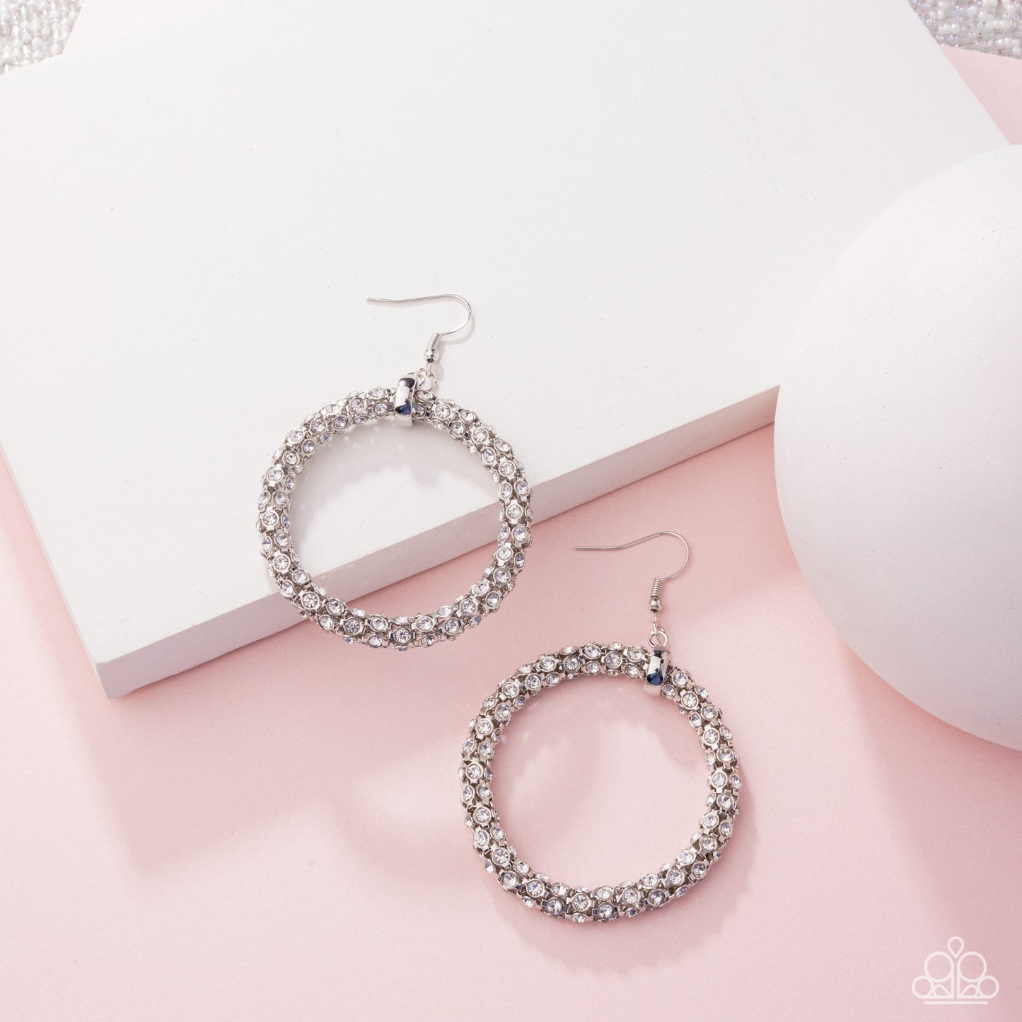 Breathtaking Beacon - White Rhinestone Silver Circle Earrings - Life of the Party