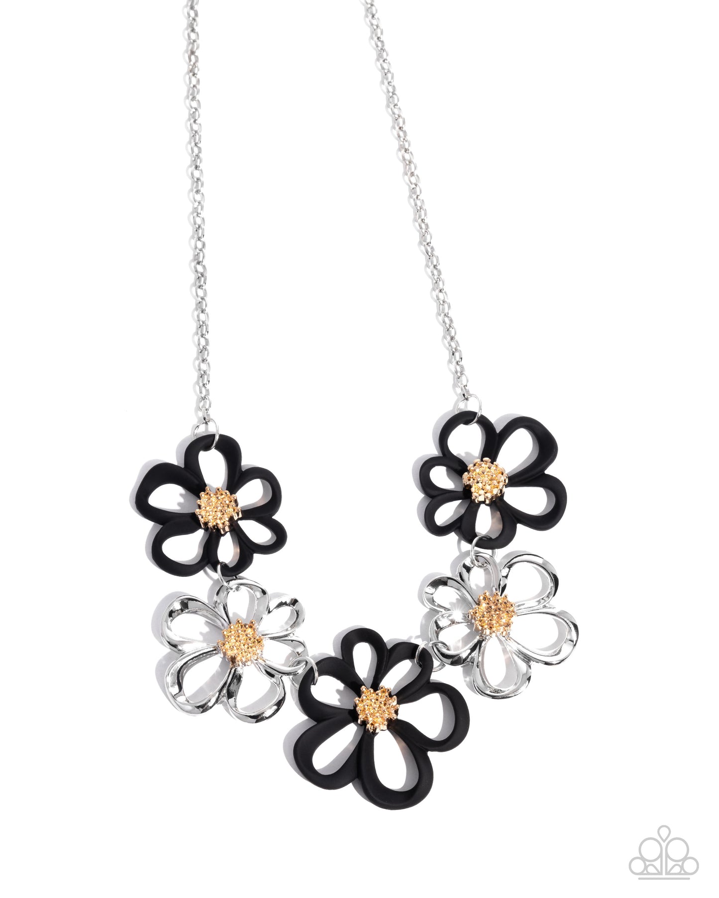 Beau Bouquet - Black and Silver Flowers Gold Center, Silver Short Necklace