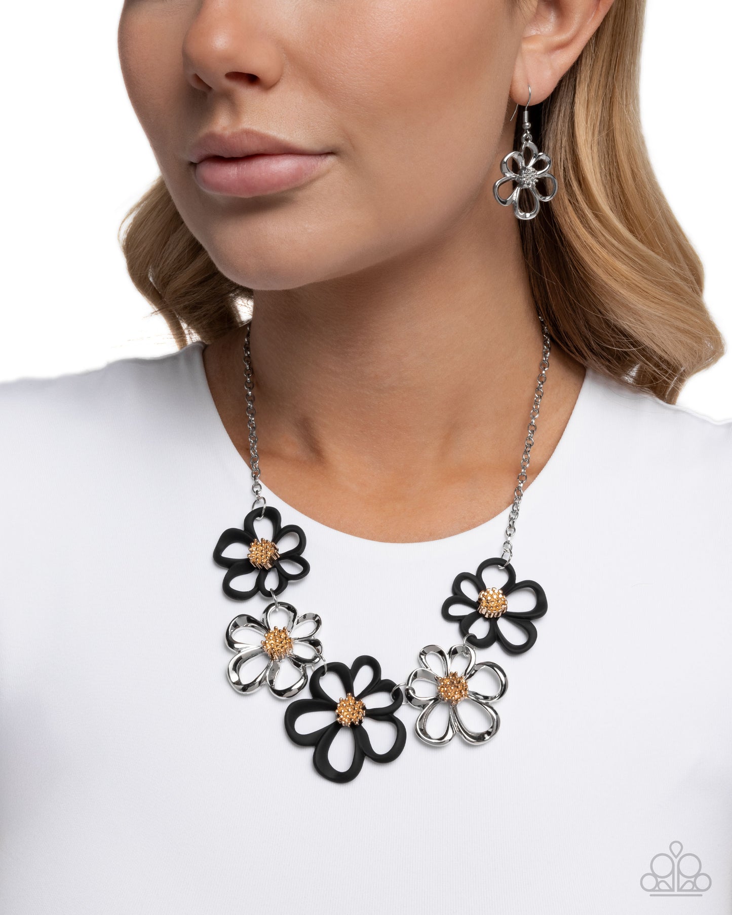 Beau Bouquet - Black and Silver Flowers Gold Center, Silver Short Necklace