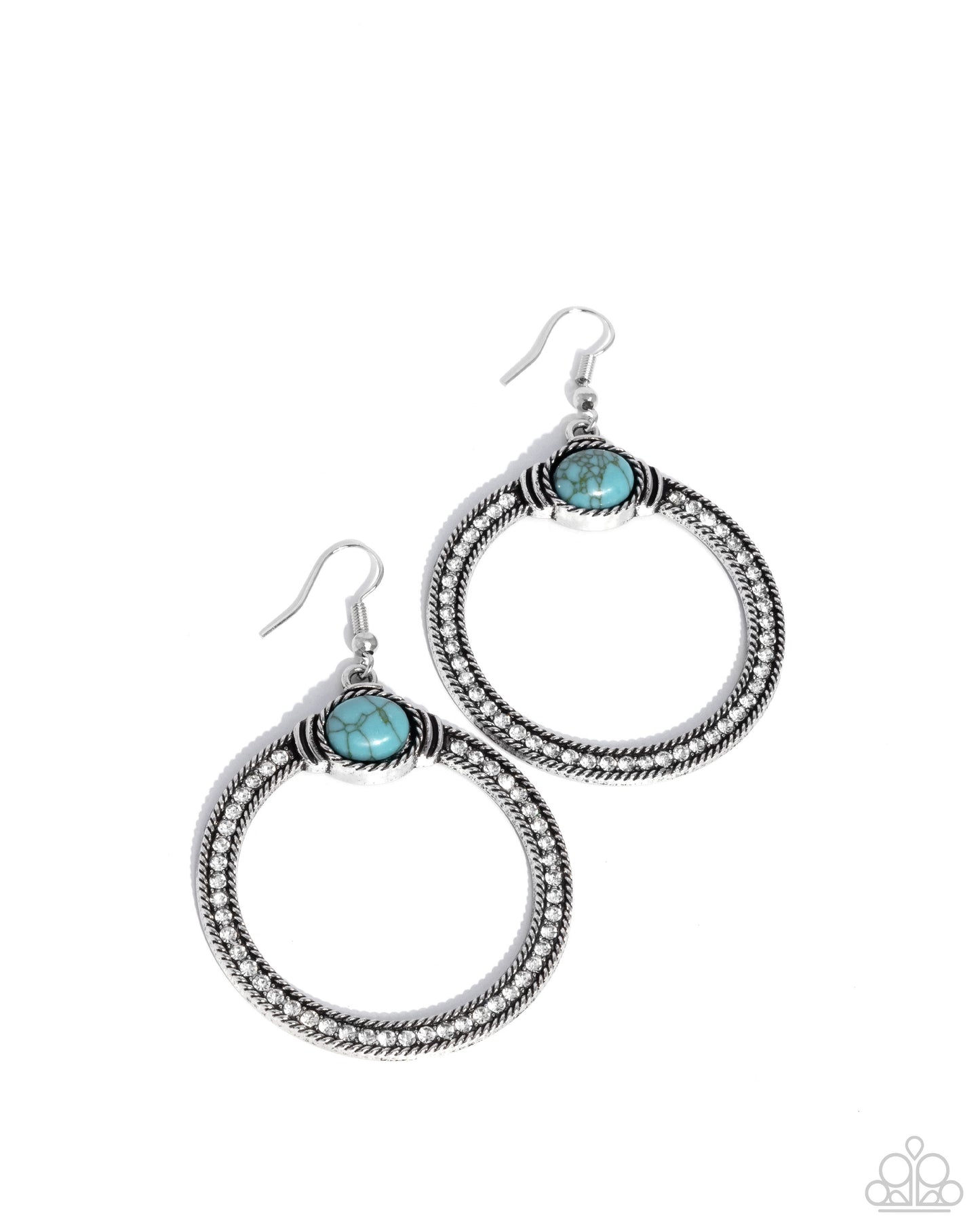 Radical Rusticity - Blue Turquoise Crackle Stone White Rhinestones Silver Circle Earrings