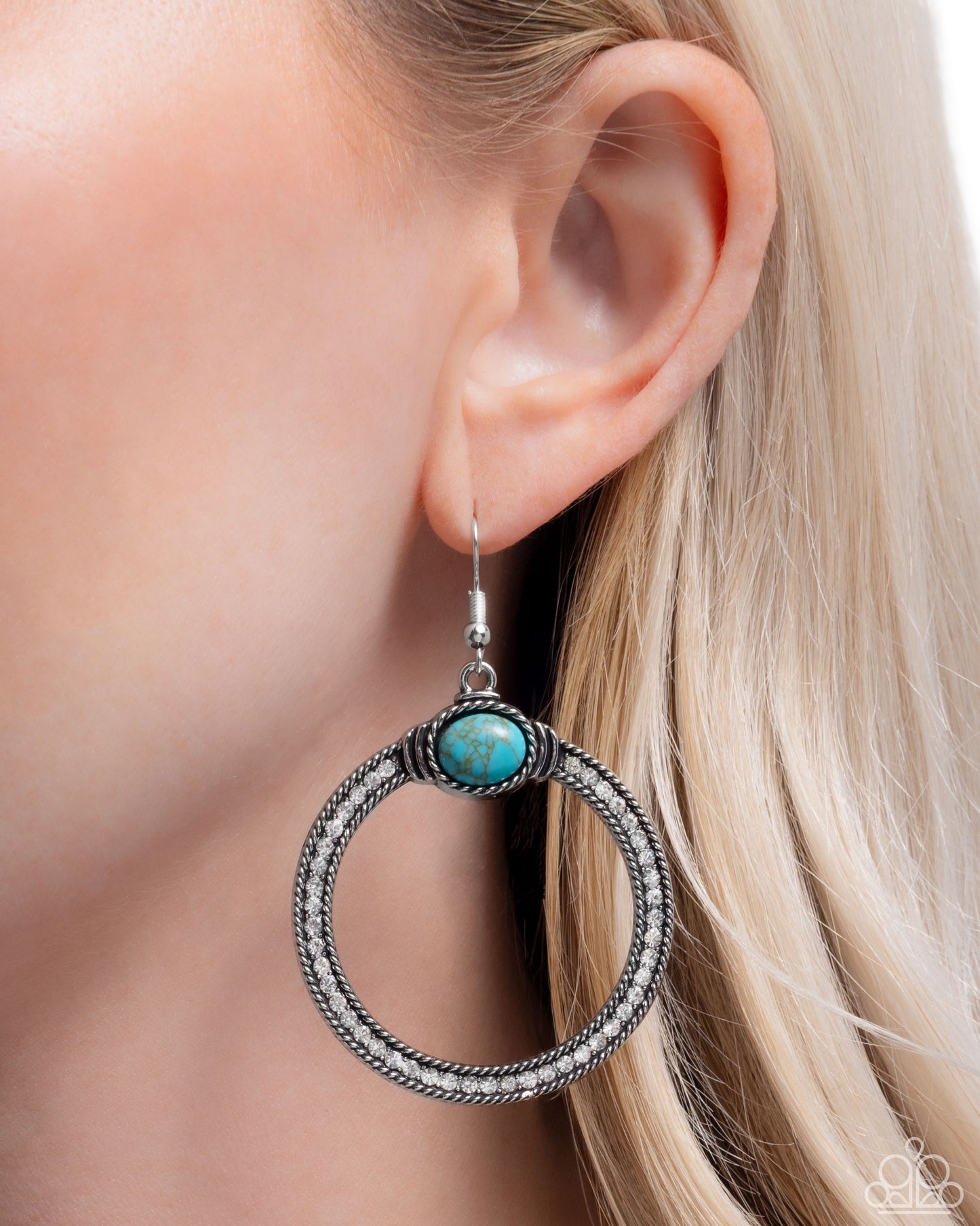 Radical Rusticity - Blue Turquoise Crackle Stone White Rhinestones Silver Circle Earrings
