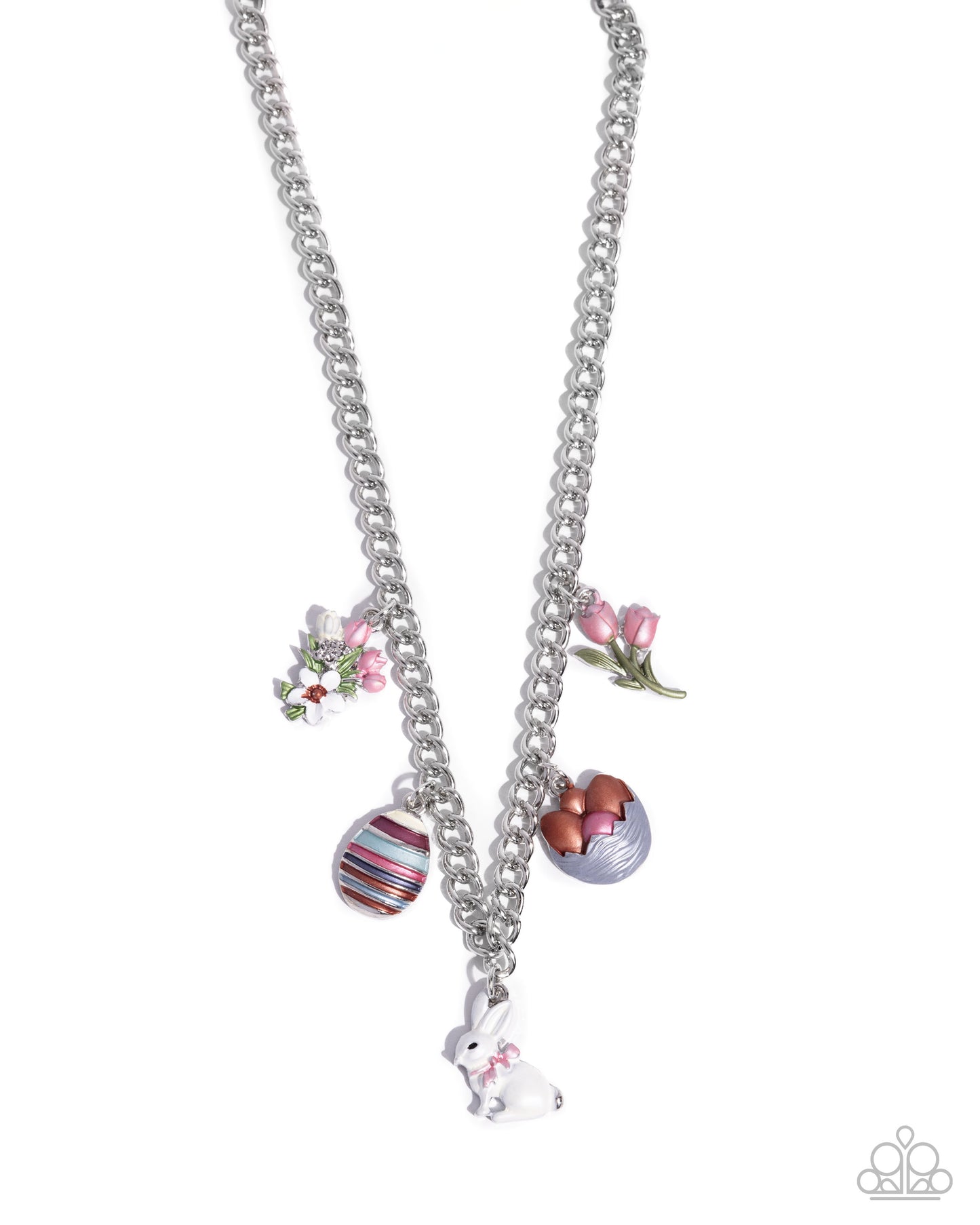 PERFECT MATCH / SET: Easter Embellishment - Multi Color Flower Egg Bunny Charm Silver Short Necklace AND Easter Enhancement - Multi Color Flower Egg Bunny Charm Silver Clasp Bracelet
