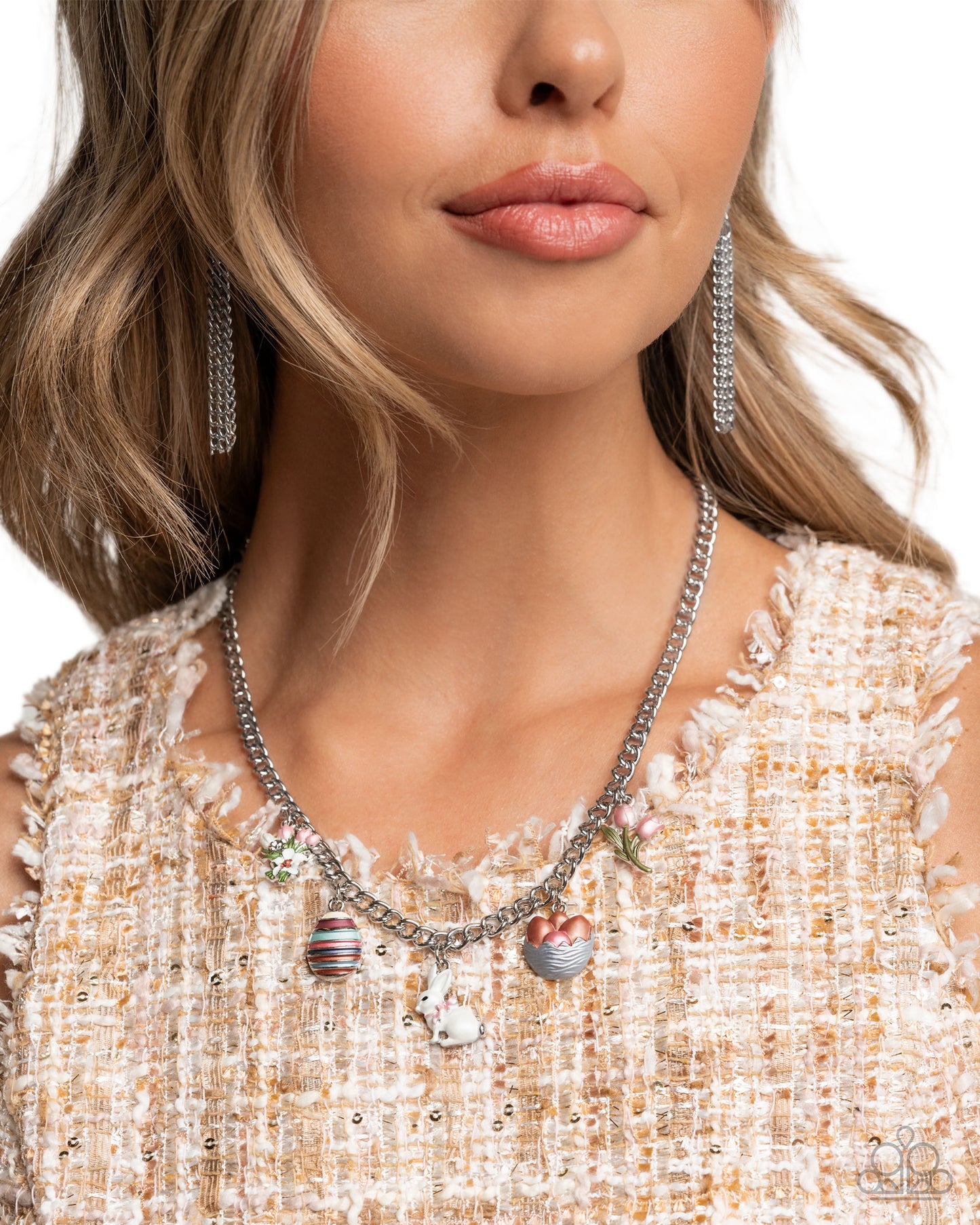 PERFECT MATCH / SET: Easter Embellishment - Multi Color Flower Egg Bunny Charm Silver Short Necklace AND Easter Enhancement - Multi Color Flower Egg Bunny Charm Silver Clasp Bracelet