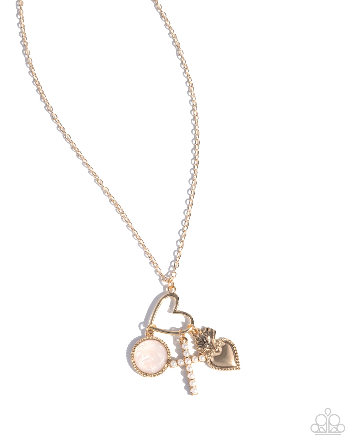 Purely Blessed - Gold Heart, Pearl-Encrusted Cross Heart Charms Short Gold Necklace