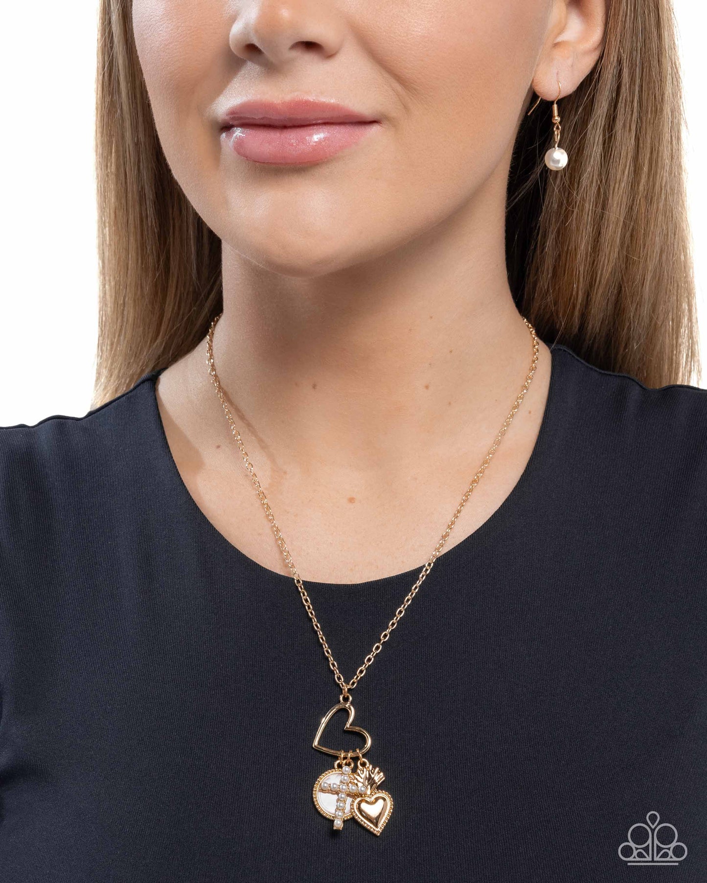 Purely Blessed - Gold Heart, Pearl-Encrusted Cross Heart Charms Short Gold Necklace