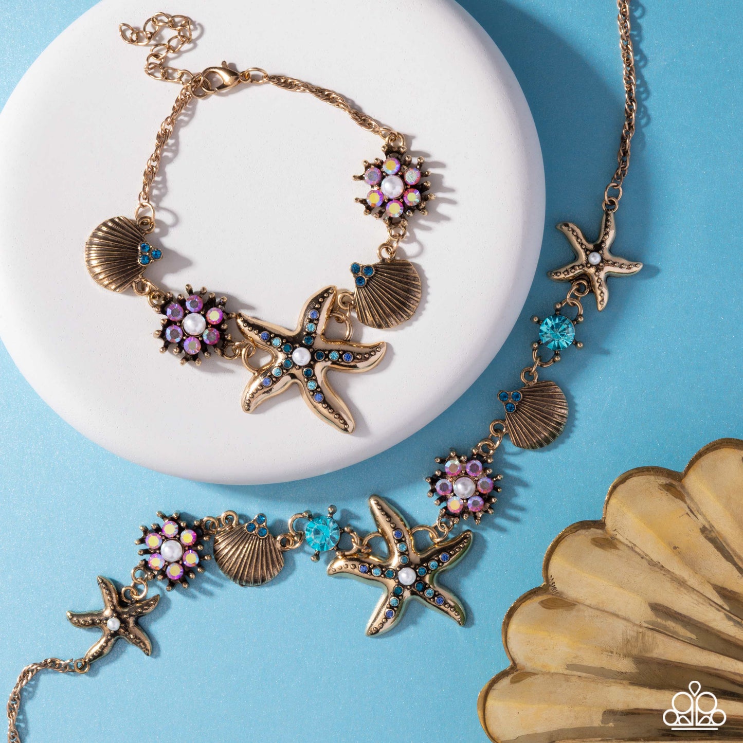 PERFECT MATCH / SET: Starfish Song - Blue Rhinestone Gold Beachy Short Necklace and Starfish Single - Blue Rhinestone Gold Beachy Clasp Bracelet