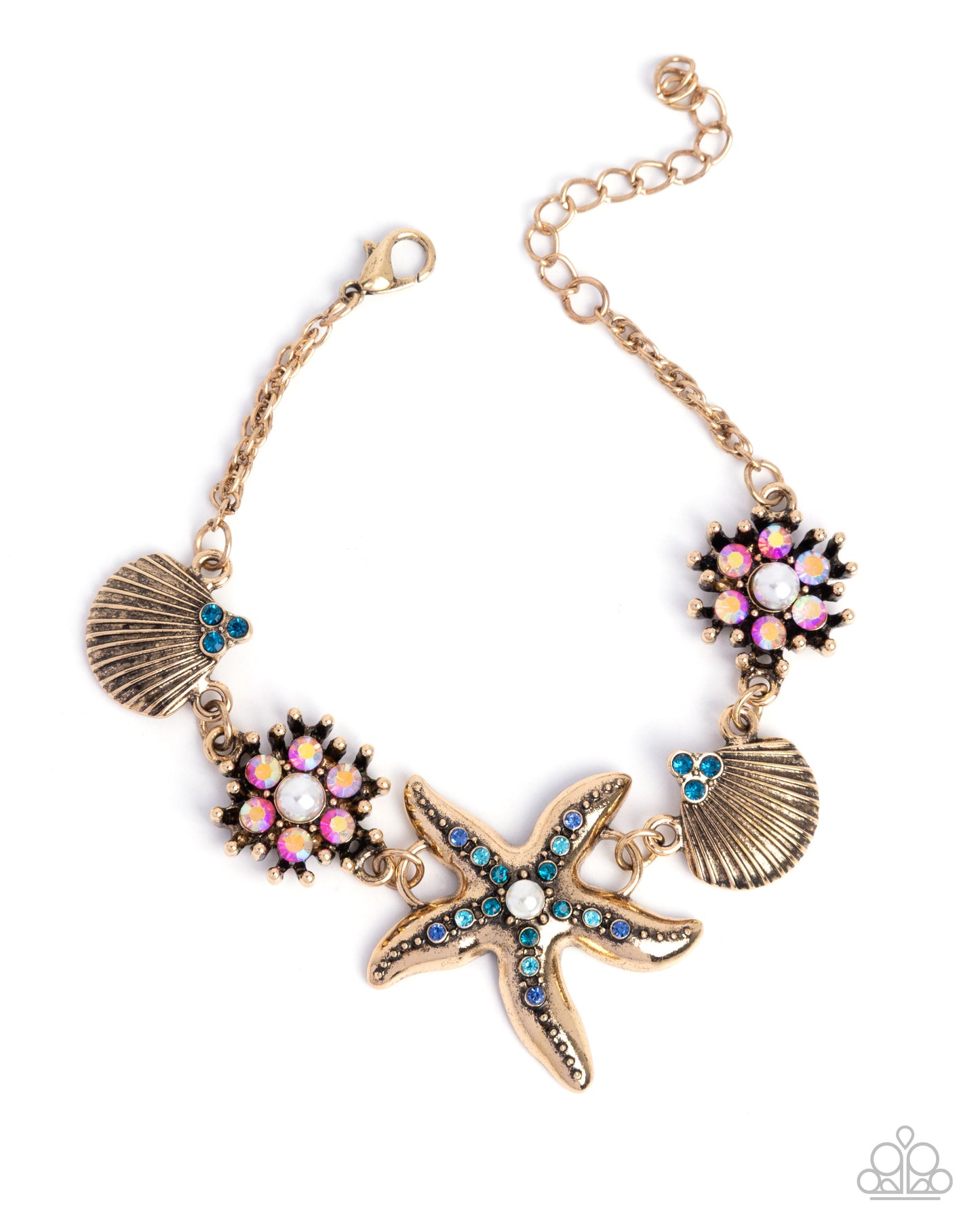 PERFECT MATCH / SET: Starfish Song - Blue Rhinestone Gold Beachy Short Necklace and Starfish Single - Blue Rhinestone Gold Beachy Clasp Bracelet