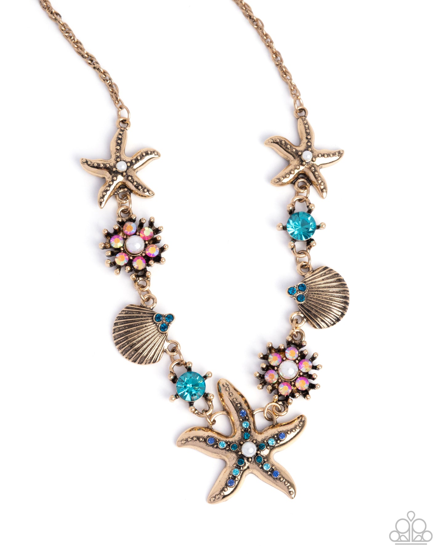 PERFECT MATCH / SET: Starfish Song - Blue Rhinestone Gold Beachy Short Necklace and Starfish Single - Blue Rhinestone Gold Beachy Clasp Bracelet