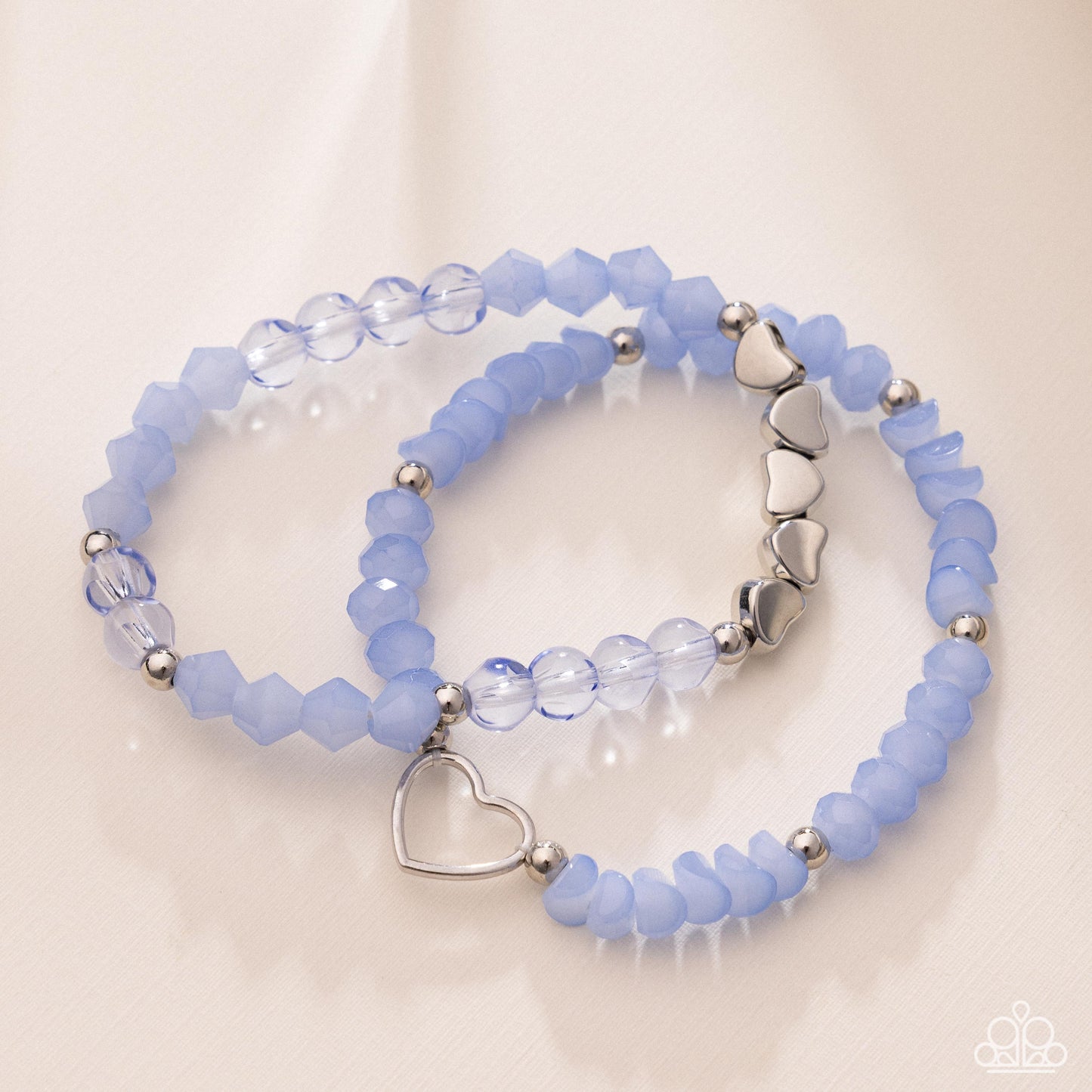 Profound Pop of Color - Blue Bead Silver Heart Stretchy Bracelet Set