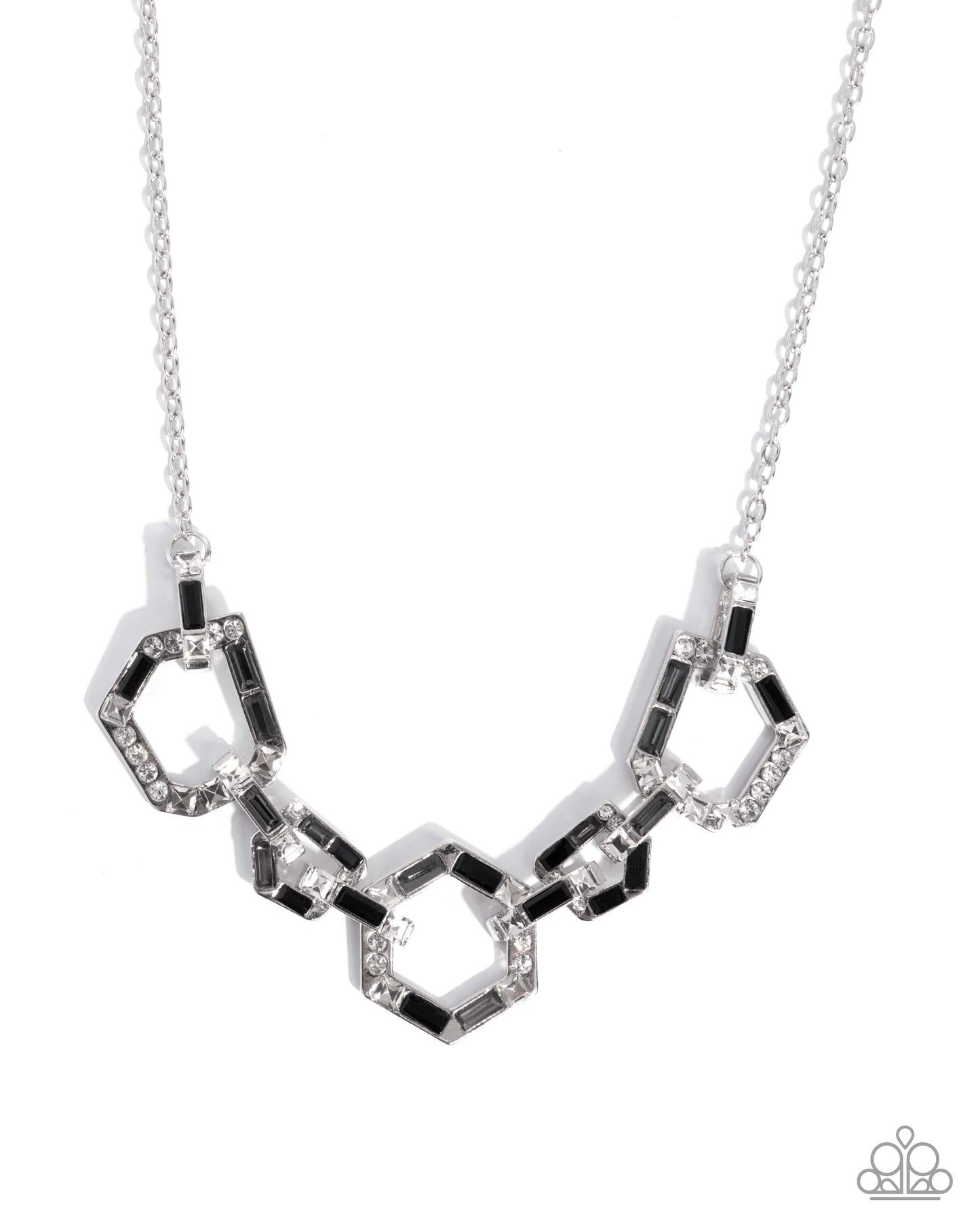 Geometric Glitter - Black Smoky White Gem Silver Short Necklace